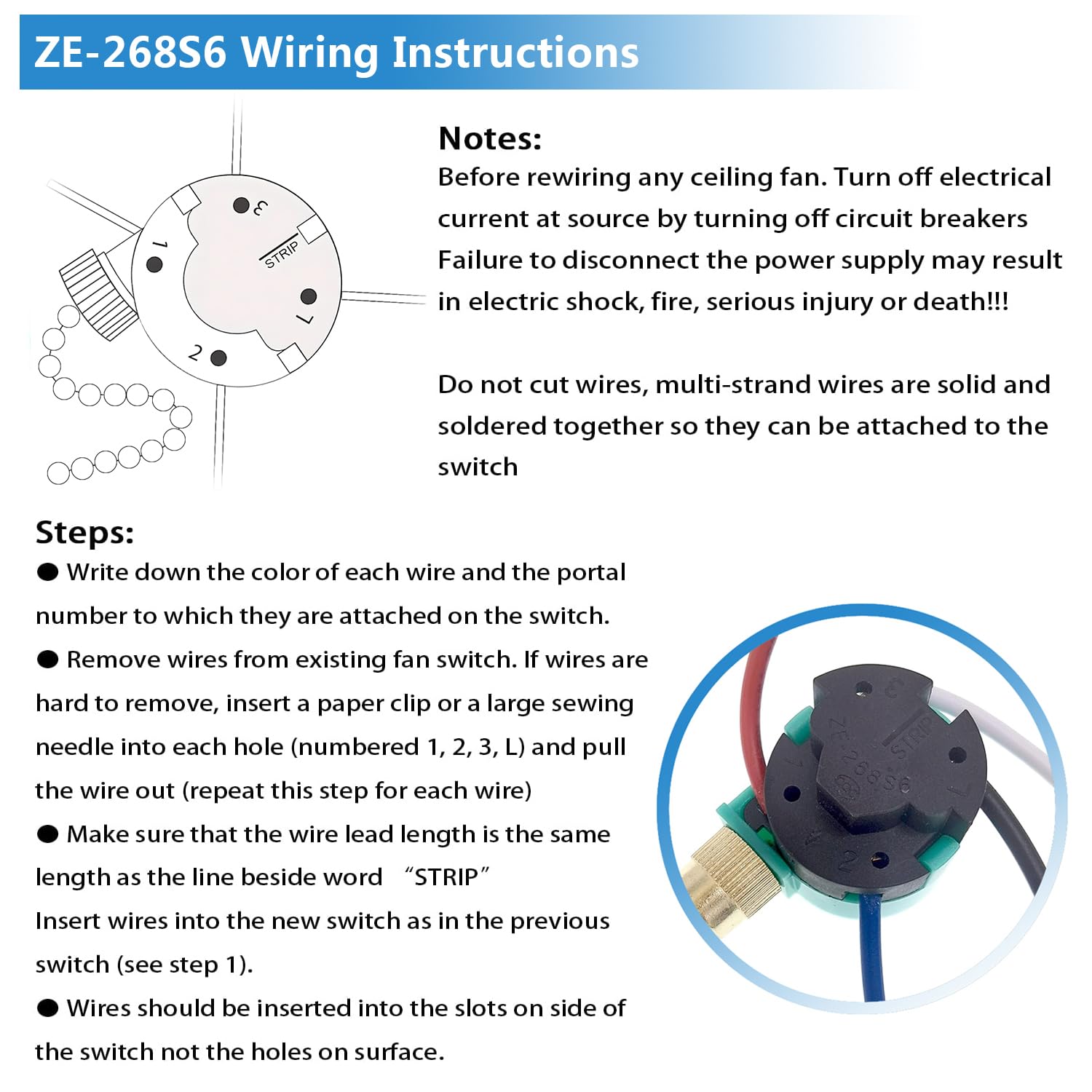 3 Speed Fan Switch Ze 268S6 4 Wire Ceiling Fan Switch Control Switch Compatible With Hunter Ceiling Fans, Cabinet Light, Wall La