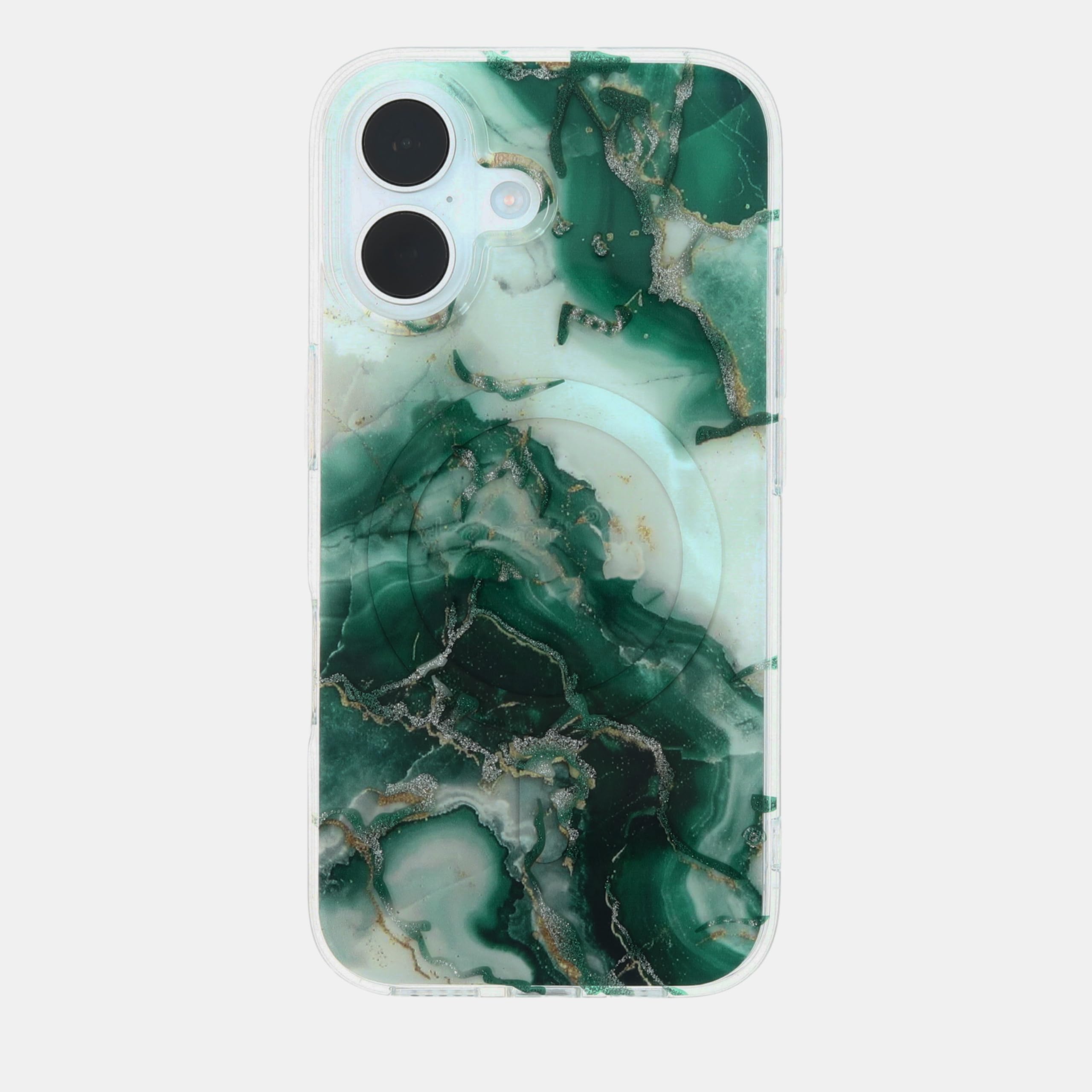 Katti Case Premium Marble Pattern Case for The iPhone 16, Deep Green and White Design with Silver and Gold Leaf Accents, Impact-