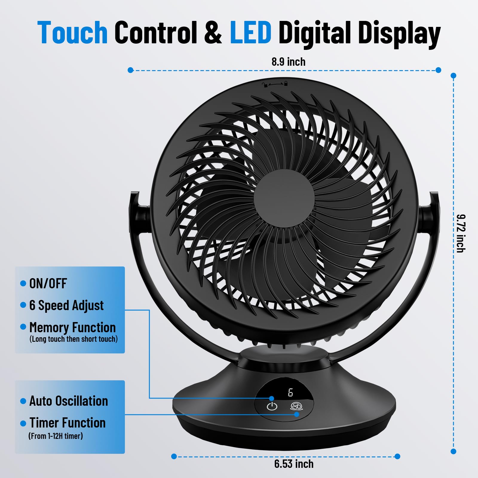 Pisliou 12000Mah Rechargeable Desk Fan,Portable Air Circulator Fan 6 Speeds,Timing, 360 Tilt,90 Oscillating Table Fan,Small Quie