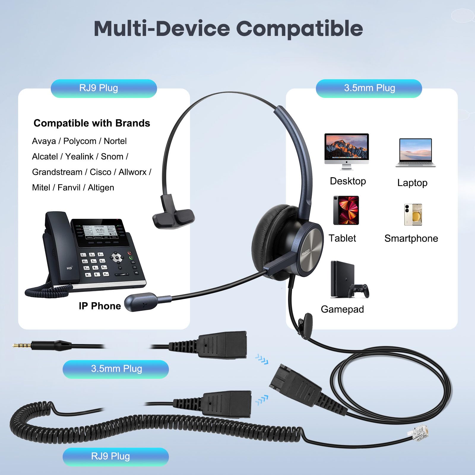 Mairdi Telephone Headset With Rj9 & 3.5Mm Jack For Office Landline Deskphone Cell Phone Pc Laptop, Call Center Phone Headset Wit