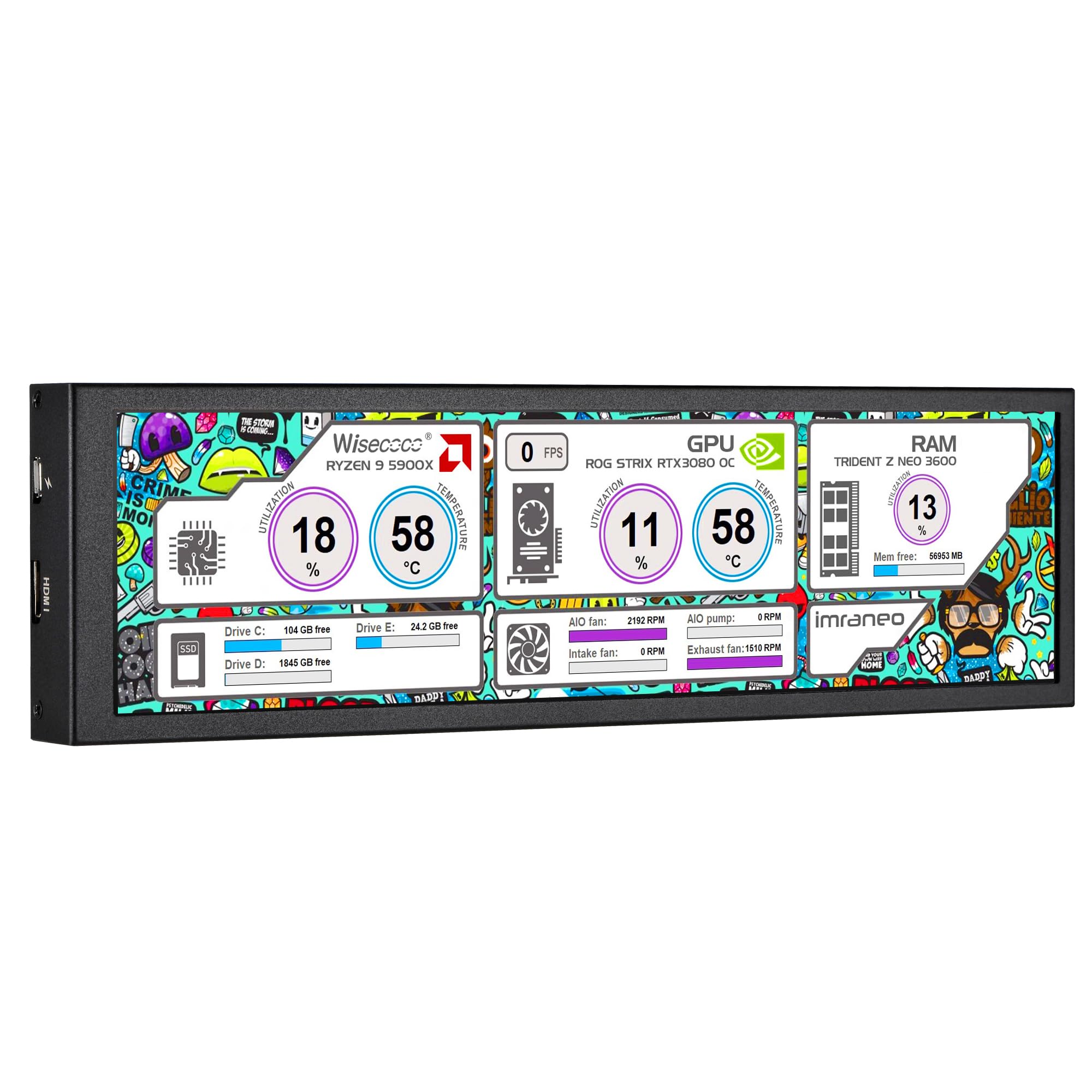 Wisecoco 8.8 Inch Computer Secondary Screen Cpu Temperature Monitor With Casing Fhd Ips 1920X480 Lcd Display For Computer Case T