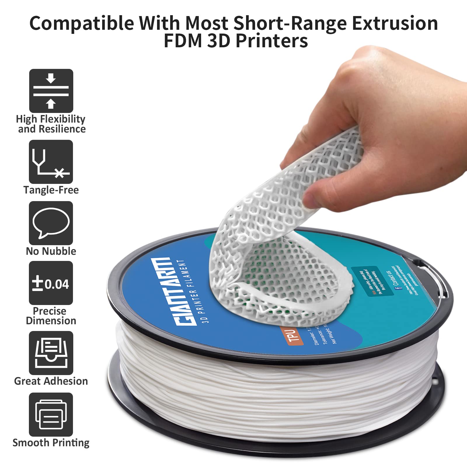 Giantarm Tpu Filament 1.75Mm Flexible Soft 3D Printer Consumables White,95A 1Kg Spool (2.2 Lbs.), Dimensional Accuracy +/  0.05