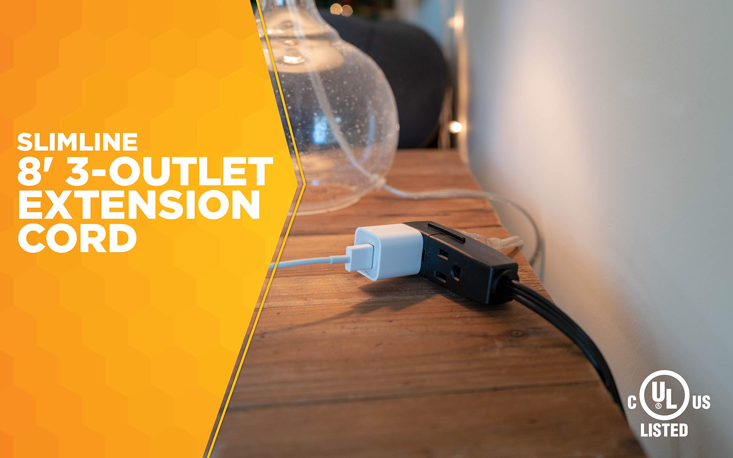 Woods 2243 16/3 Flat Indoor Extension Cord, 8 Foot, 3 Grounded Outlets, Right Angled Plug, Space Saving Design, Ul Listed, Black