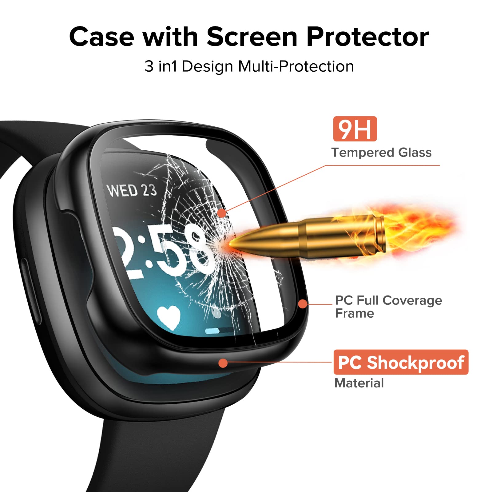 Ivoler [4 Pack] Screen Protector Tempered Glass For Fitbit Sense/Versa 3, Hard Pc Case With Bumper Cover Sensitive Touch Full Co