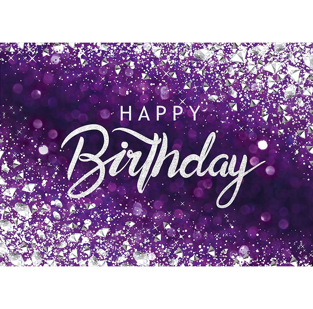Svbright Purple Happy Birthday Backdrop For Women 7Wx5H Shinning Diamond Silver Bokeh Dots Woman Girls Elegant Sweet Princess Po