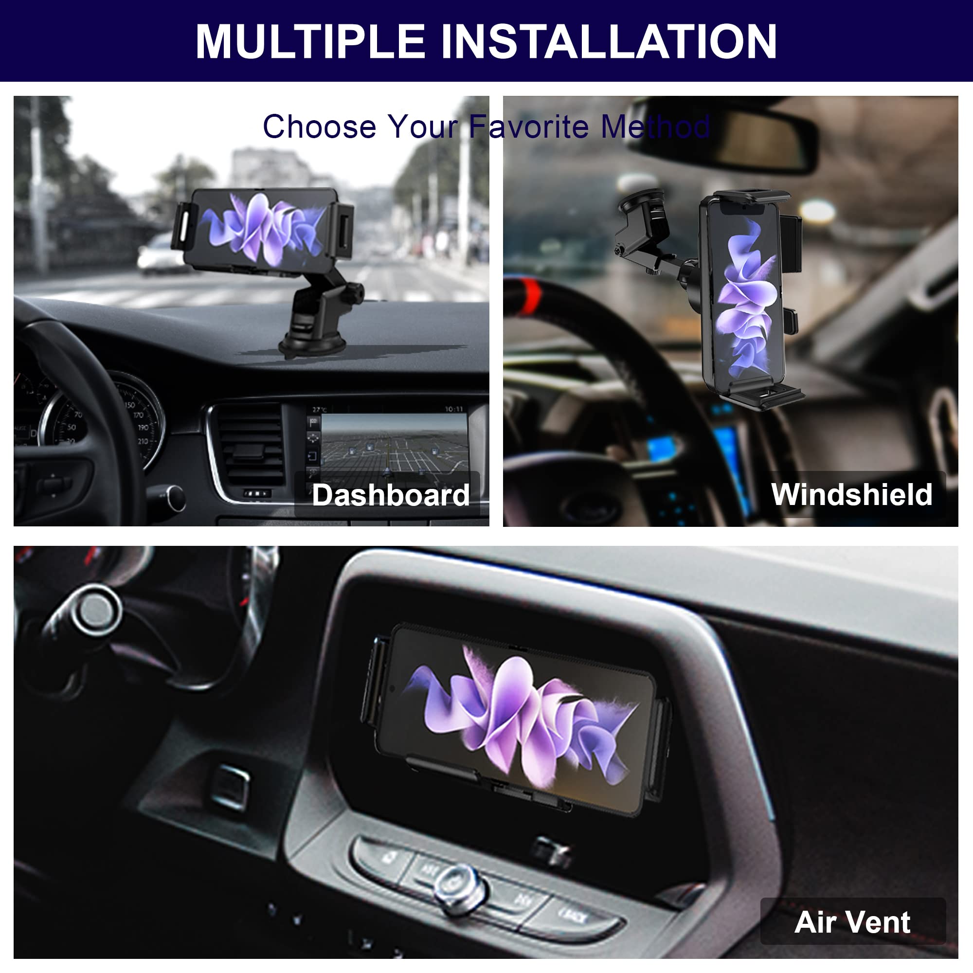 Ioifour 15W Qi Wireless Car Charger Auto-Rotating Dual Coils Fast Charging Vent/Dashboard Phone Mount Holder For Samsung Galaxy