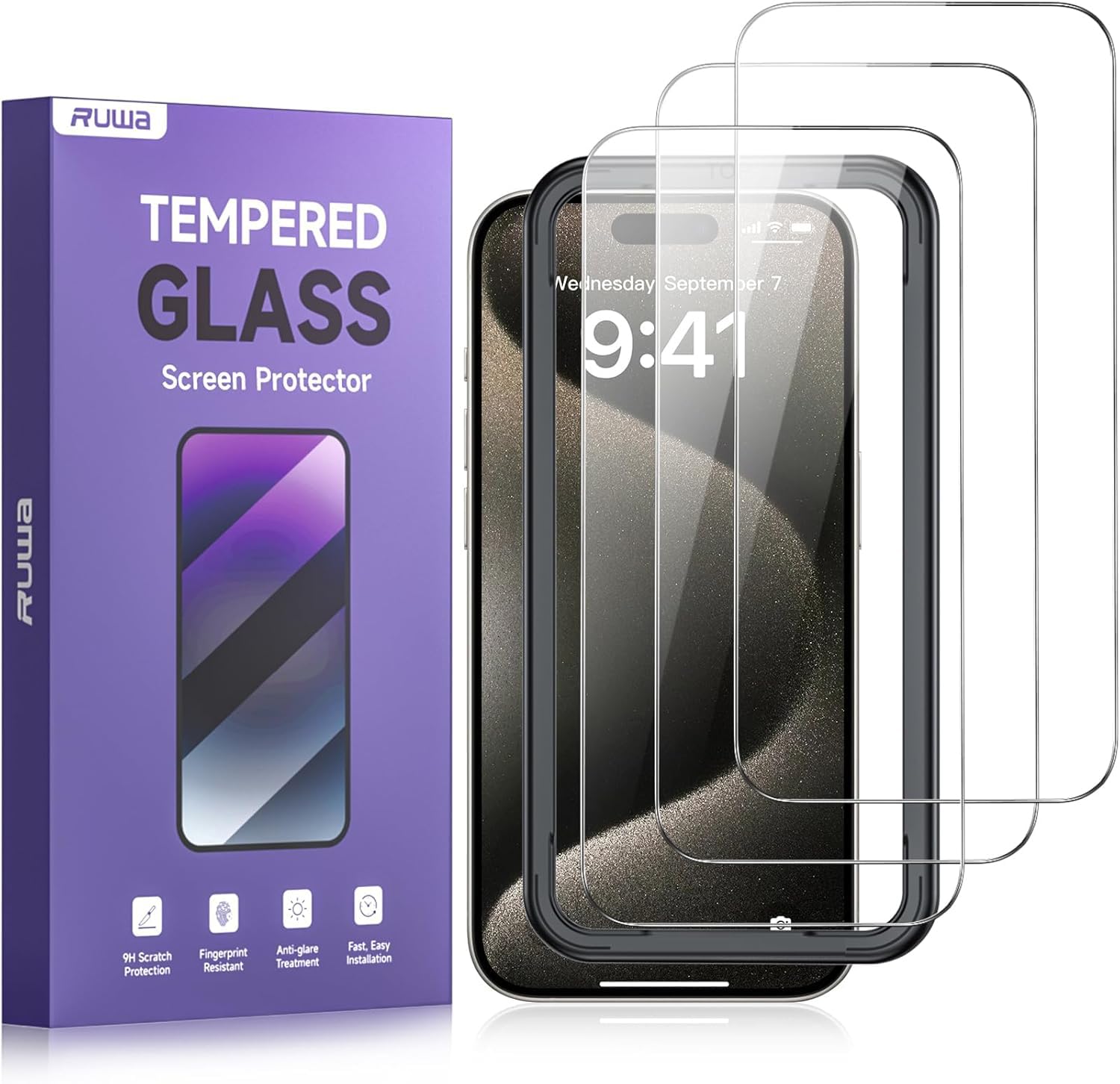 ruwa Screen Protector for iPhone 17 Pro [3-Pack] [6.3 Inch] Display Tempered Glass Film with Easy Installation Frame, Ultra HD, 