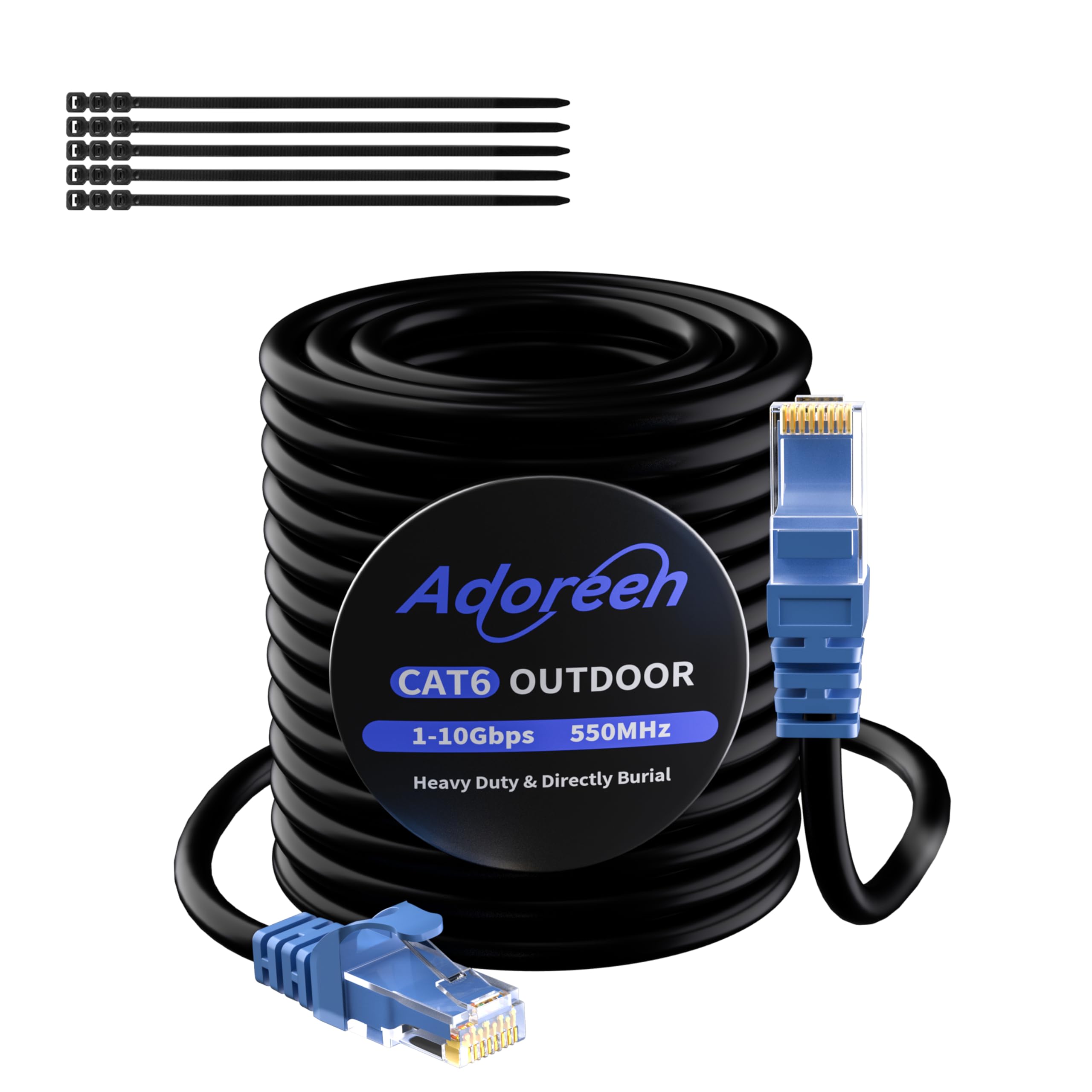 Adoreen Cat 6 Outdoor Ethernet Cable 250 Ft Black, High Speed Heavy Duty Long Internet Network Cable For Poe Camera Cat 5 5E Rj45 Lan Patch Cable Cord, Sturdy Waterproof Direct Burial+25 Ties