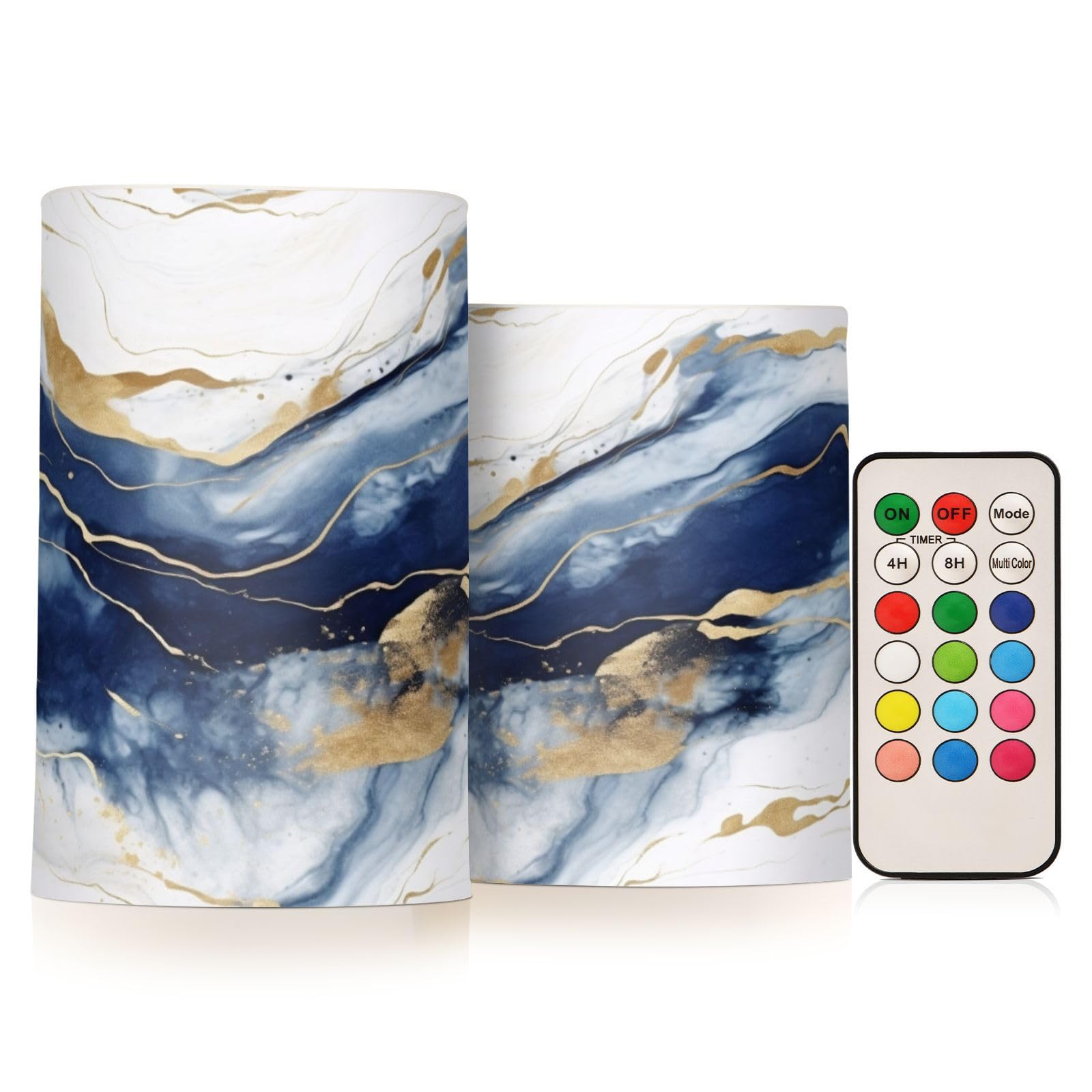 BOENLE Flickering Flameless Candles, Drak Blue Golden Marble LED Candles with Remote Timer, Set of 2 Battery Operated Candle for