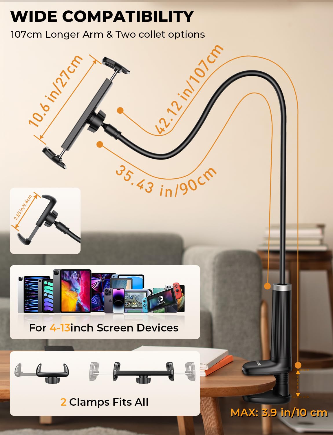 Gooseneck Phone Holder Tablet Stand for Bed:[Swivel Base] Adjustable Flexible Lazy Arm with 2 Clips Phone Tablet Holder Mount Compatible iPad Pro Air Mini | Kindle | Switch or Other 4 12.9' Device