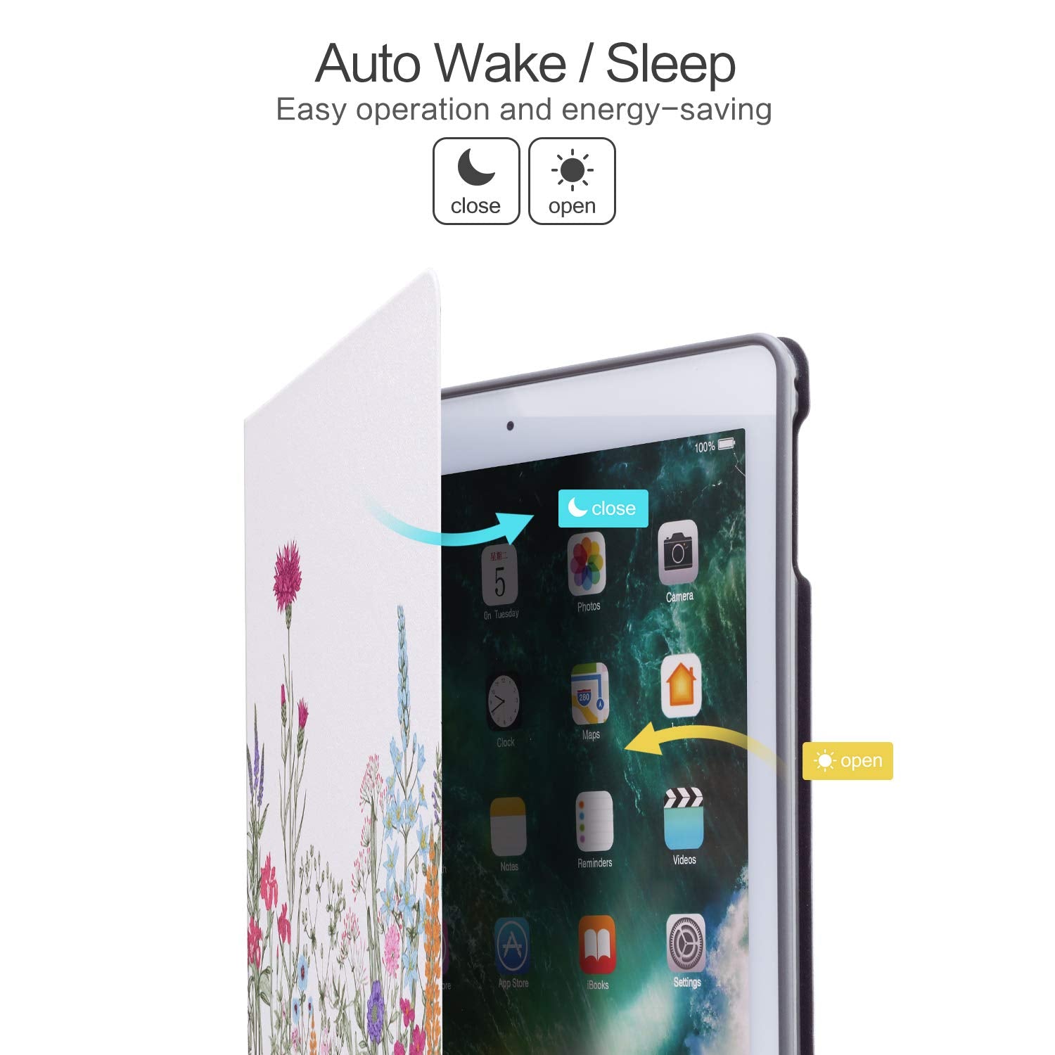 Ipad Air 2 /Air Case Floral, Ipad 9.7 Case 2017/2018 For Ipad 5Th/6Th Generation, Lightweight Leather Ipad Cover Free Angle View