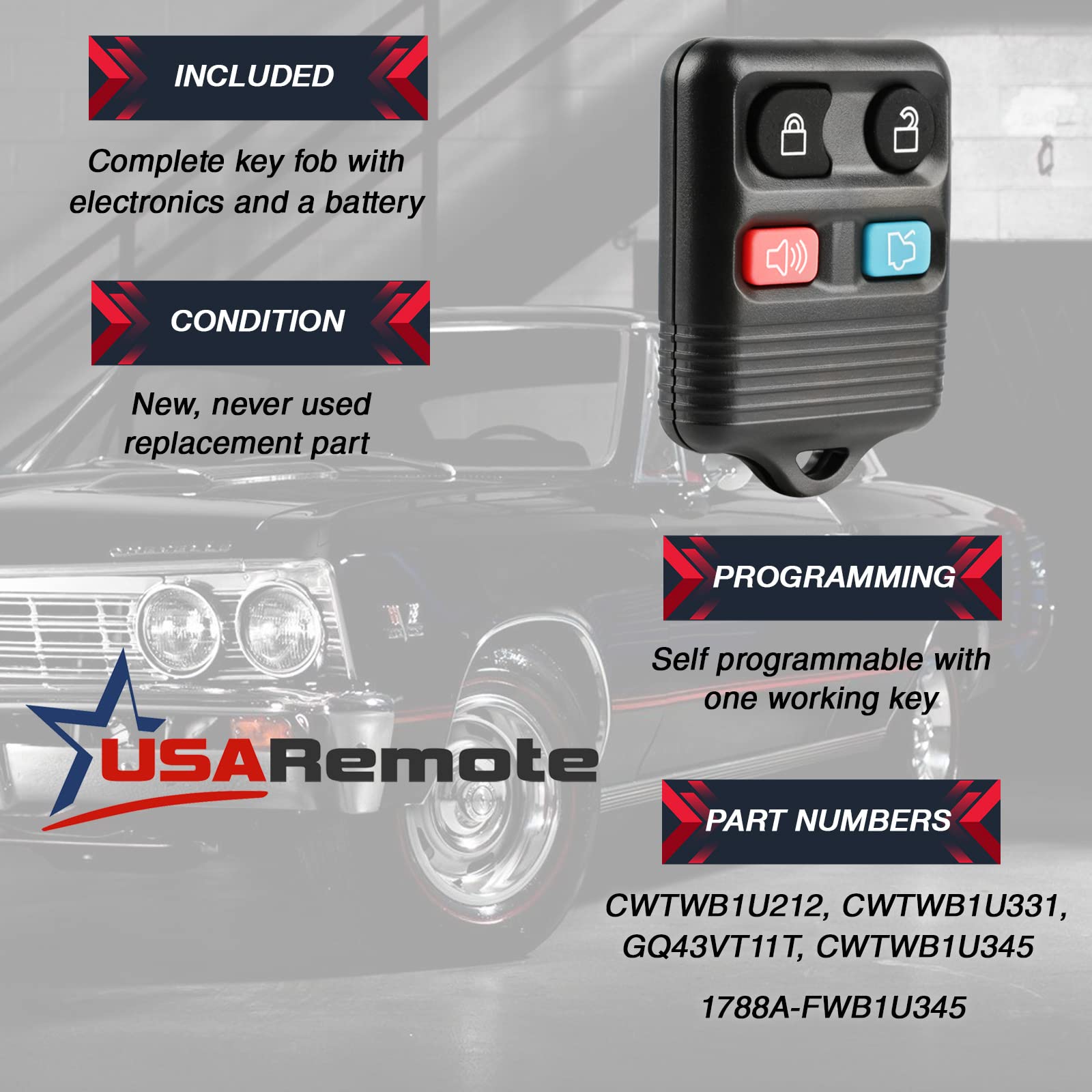 Car Key Fob Keyless Entry Remote Fits Ford, Lincoln, Mercury, Mazda Mustang (Cwtwb1U345)