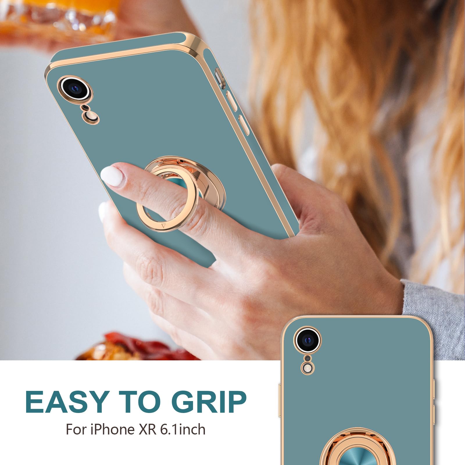 Hython Iphone Xr Case, Blue Gray Shiny Plating Soft Tpu Protective Phone Cover With 360 Rotatable Ring Holder, Magnetic Kickstan