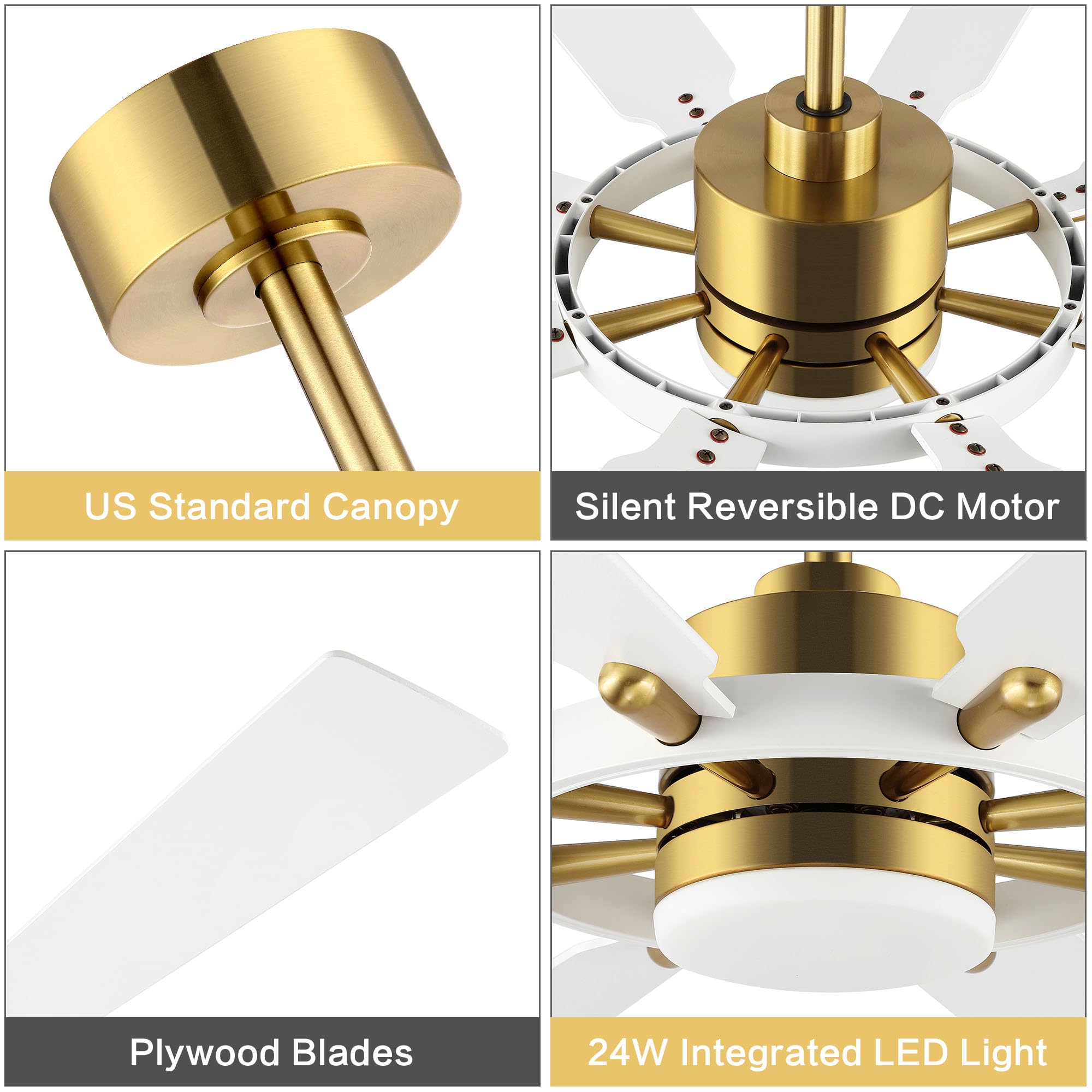 Elehinser 60'' Ceiling Fan With Lights And Remote Control, Wood 8 Blades 6 Speed Noiseless Reversible Dc Motor, Modern Large Cei