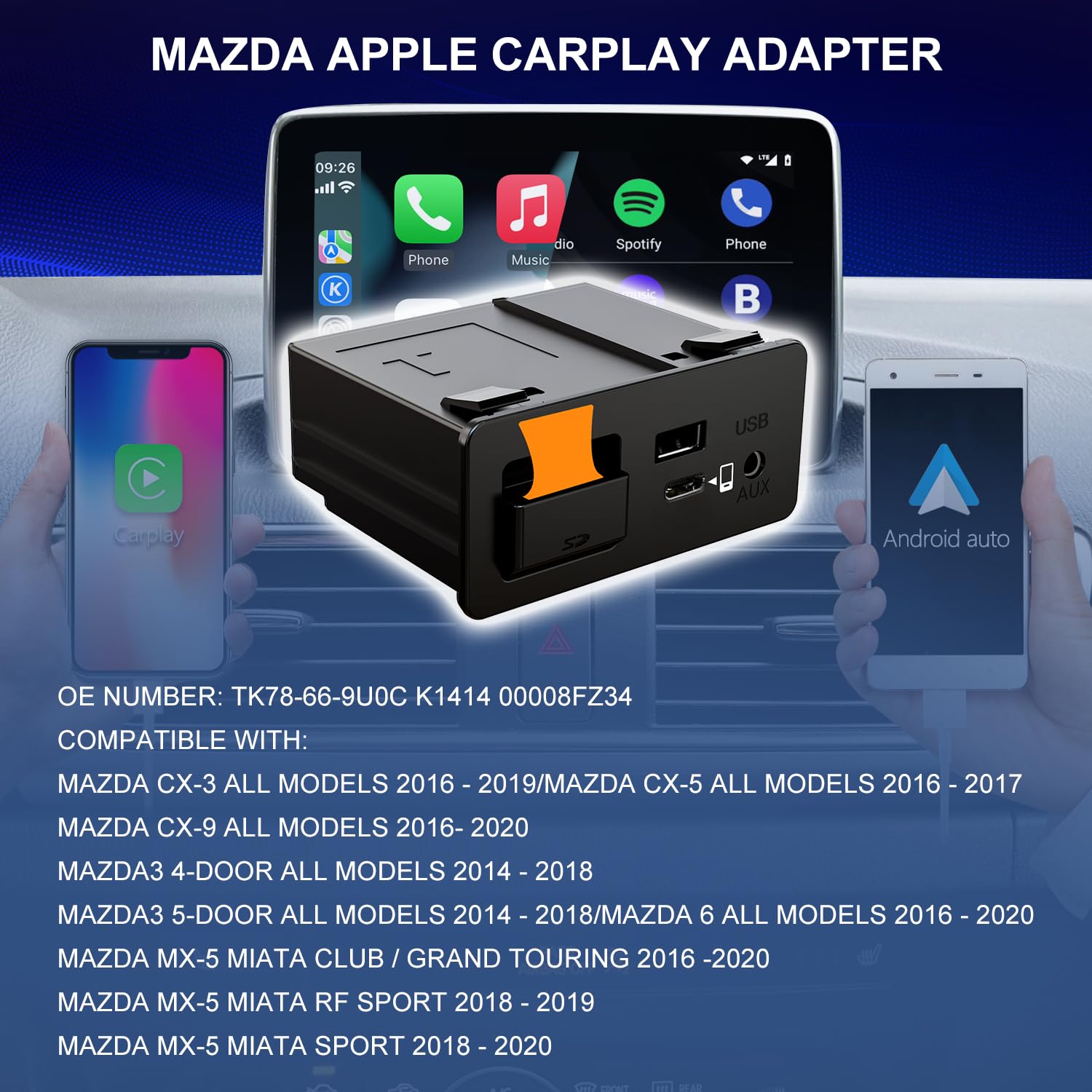 Hmyc Mazda Carplay And Android Auto Retrofit Kit, Tk78 66 9U0C Oem Media Hub Fits To Mzd Connect System, Compatible With Mazda 2
