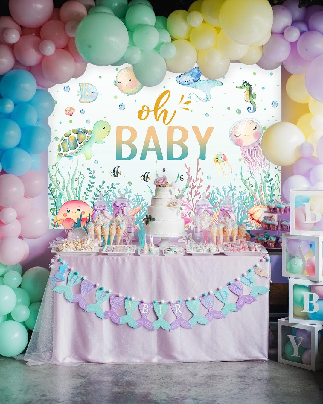 Avezano Ocean Sea Life 7X5Ft Baby Shower Backdrop, Cotton Material, Green, Underwater World Party Decorations