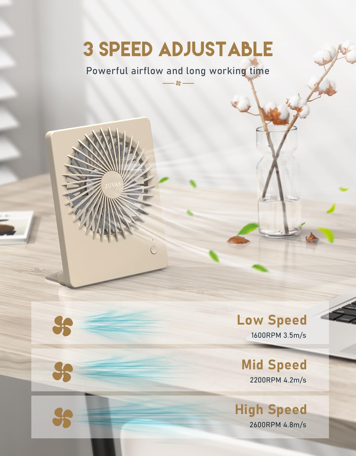 Zuvas Desk Fan Battery Operated Rechargeable 180Tilt Folding Personal Ultra Quiet Small Portable Fan Beige