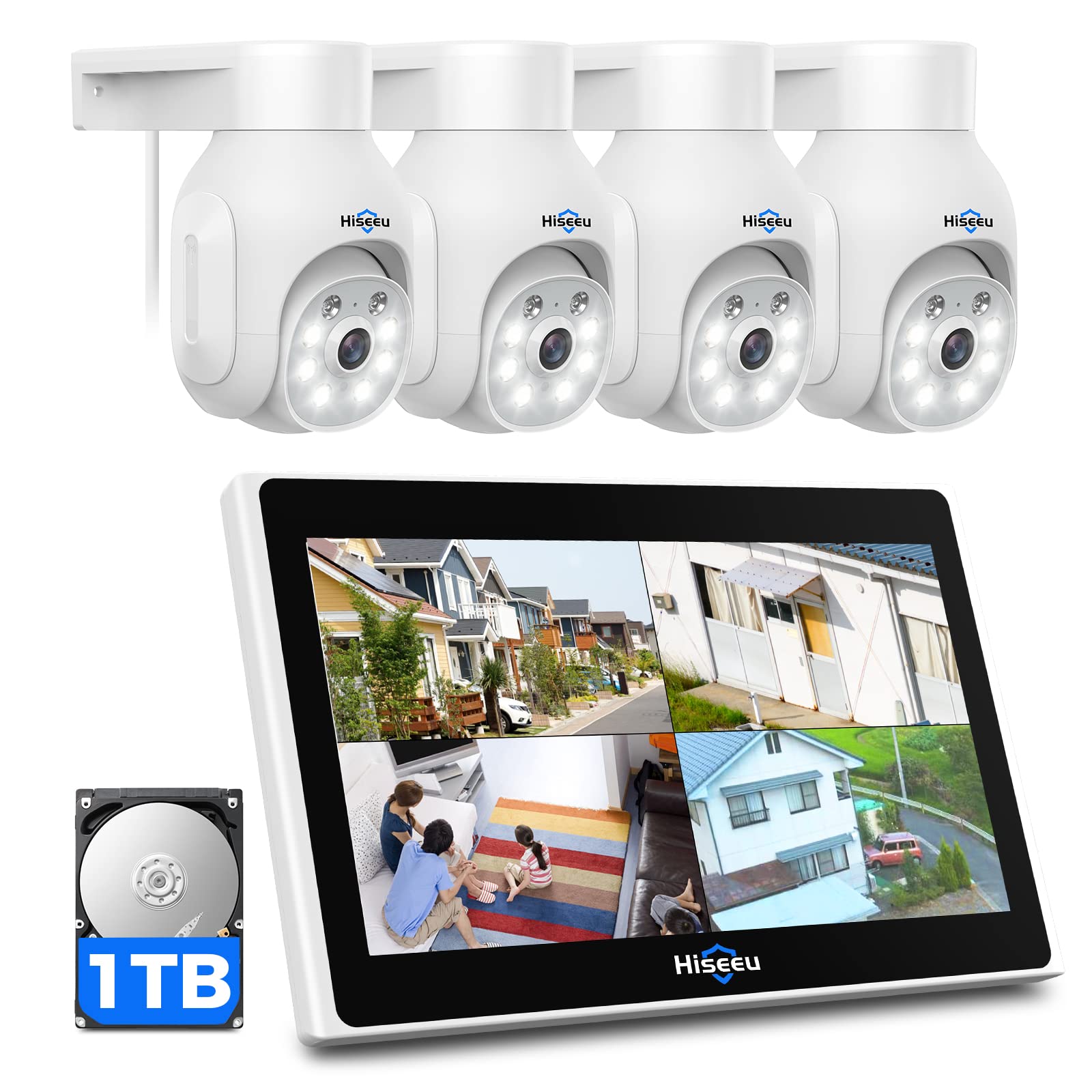 Hiseeu Wireless Security Camera System, 4Pcs 5Mp Outdoor Camera With 10In Lcd 1T Hdd, 2 Way Audio, Ptz, Color Night Vision, Moti