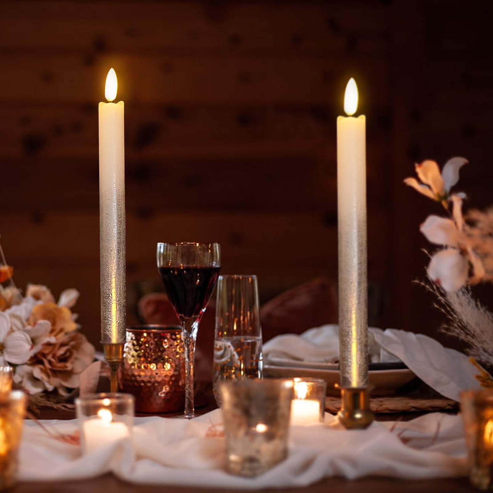 Dromance Silver Flameless Taper Candles Battery Operated With Remote Timer, Real Wax 3D Wick Flickering Led Taper Candles Dinner