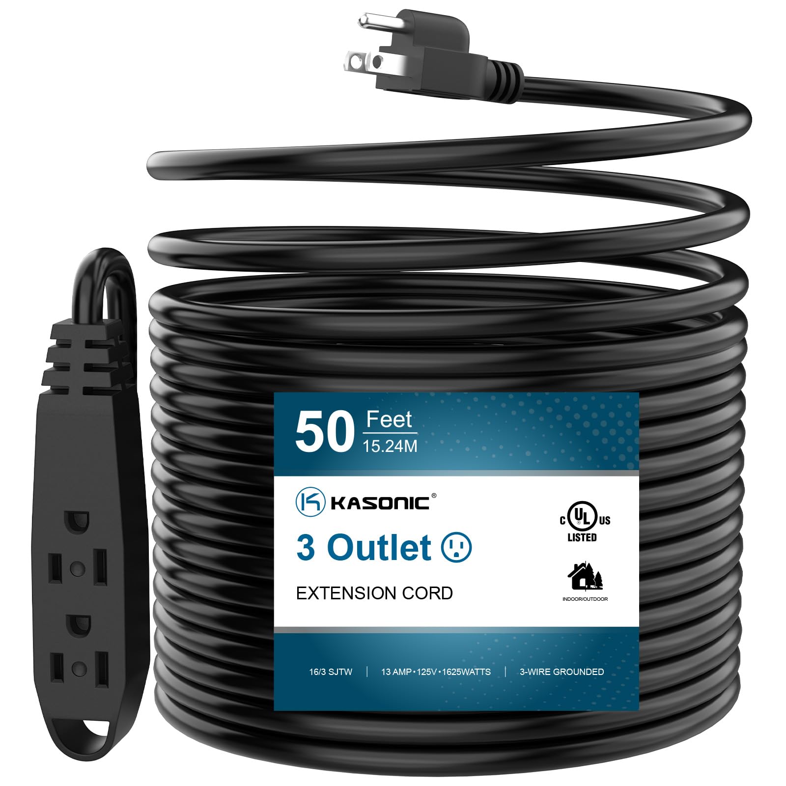 K Kasonic   50 Feet 3 Outlet Extension Cord, Ul Listed, 16/3 Sjtw 3 Wire Grounded, 13 Amp 125 V 1625 Watts, Multi Outlet Indoor/