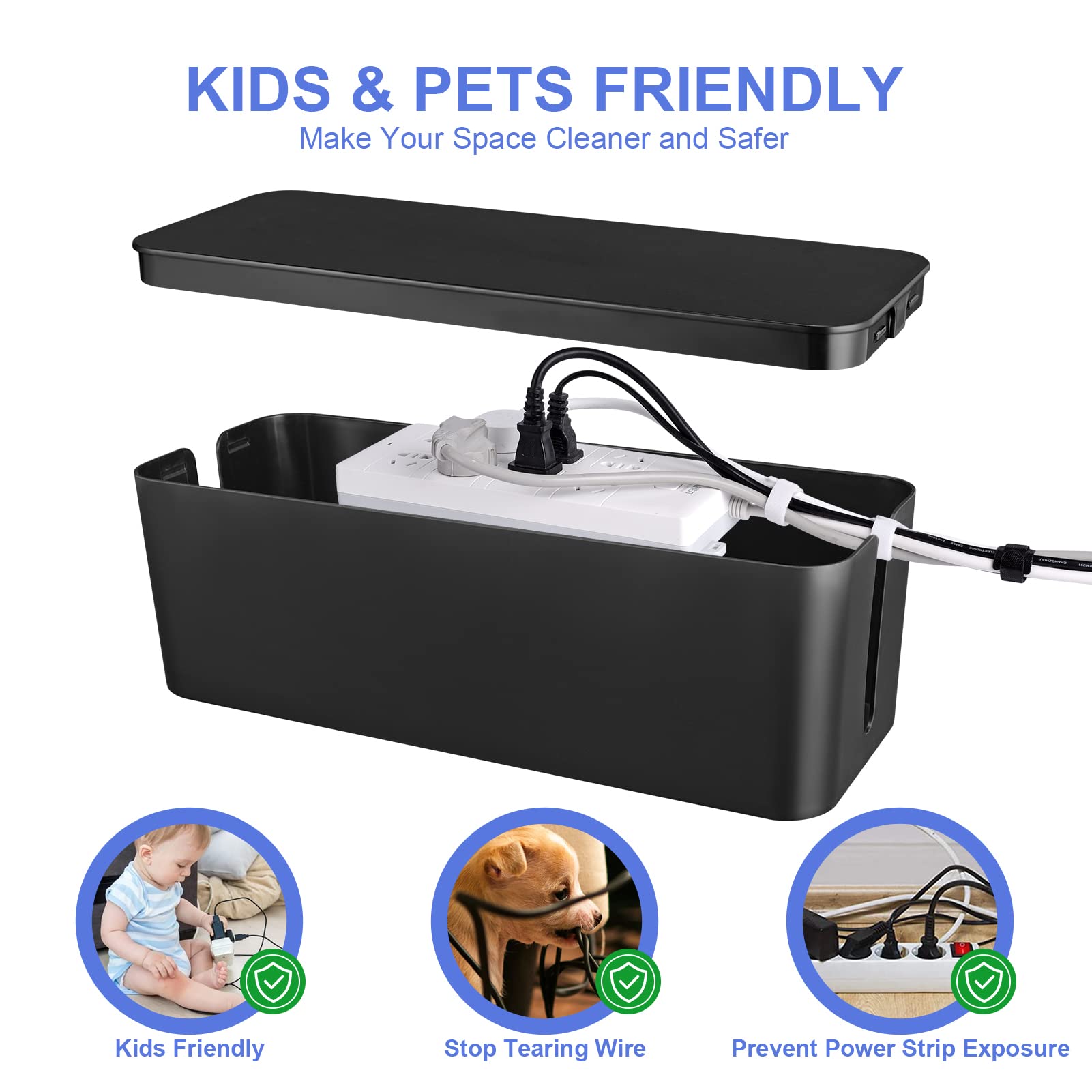 Chouky Cable Organizer Box Set Of Three, Power Cover Cord Holder Surge Protector For Desk (Black)