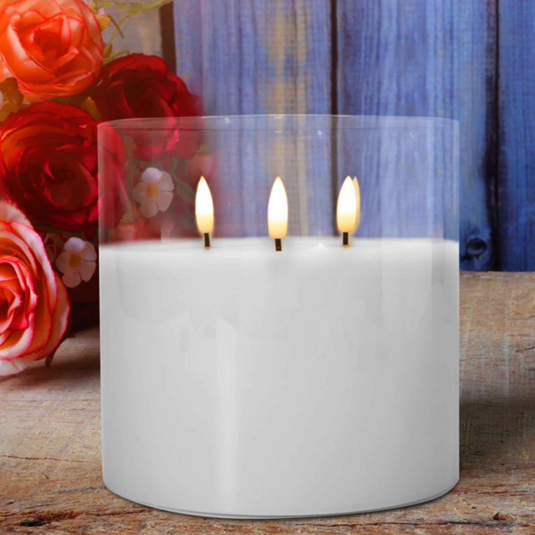 Eywamage 3 Wick Clear Glass Flameless Candle With Remote, Large Flickering Led Battery Pillar Candle F 6'' H 6''