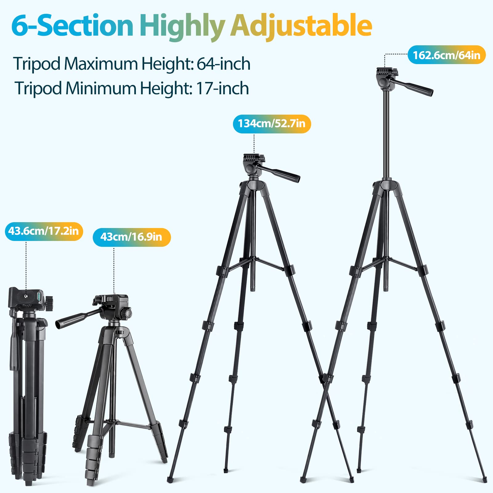 Aureday Phone Tripod Stand, 64� Extendable Cell Phone&Camera Tripod With Wireless Remote And Phone Holder, Aluminum Ipad Tripod For Video Recording/Selfies/Live Stream/Vlogging Black