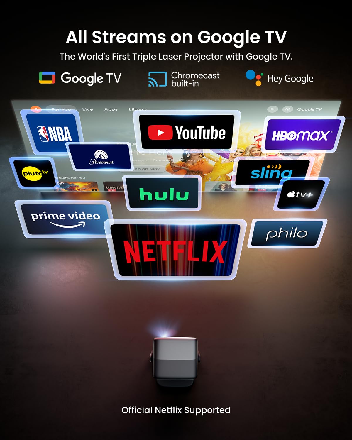 Jmgo N1S Ultra 4K Triple Laser Projector With Wifi And Bluetooth, 3000 Ansi Lumens, Official Netflix, Gtv, 360 Sensorless Pictur