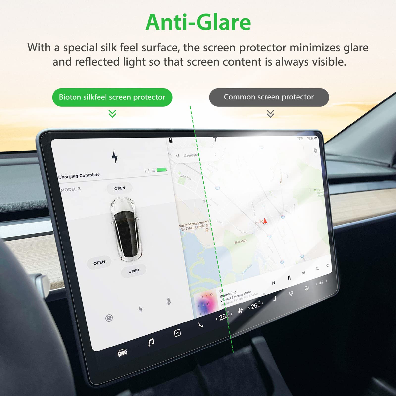 Bioton Nano Texture Glass Screen Protector Designed For Tesla Model 3 (2023 2017) / Tesla Model Y (2024 2020) Center Control Tou