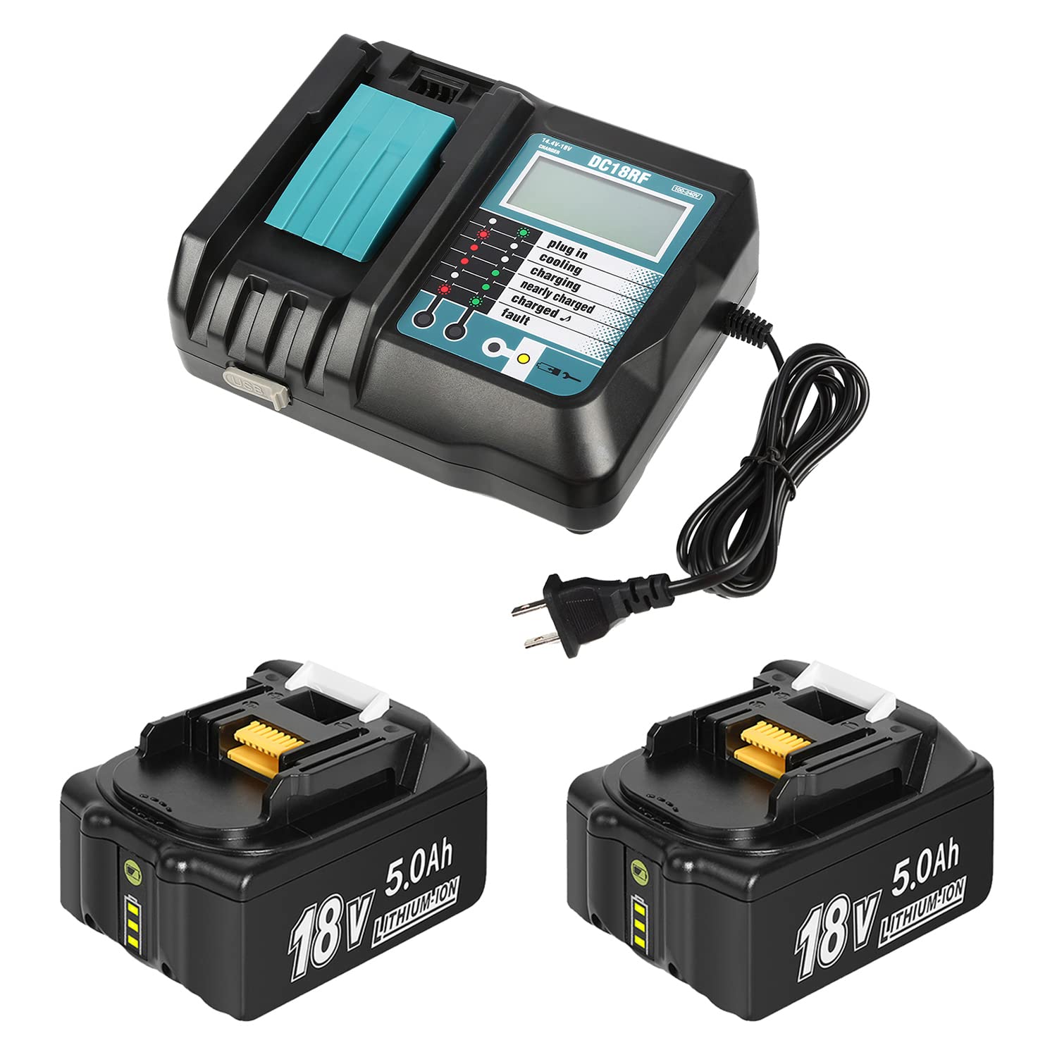 2 Pack 18V 5000Mah Lithium Ion Replacement Battery For Makita And 14.4V 18V Replacement Charger For Makita Bl1830 Bl1850 Bl1840