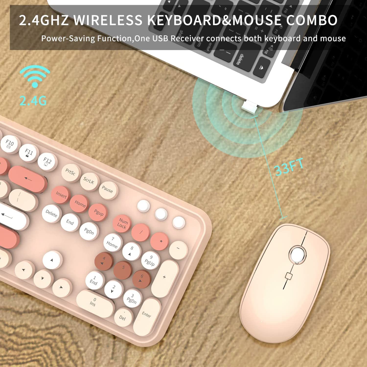FOPETT V2020 Wireless Keyboard and Mouse Set 2.4 GHz Milk Tea