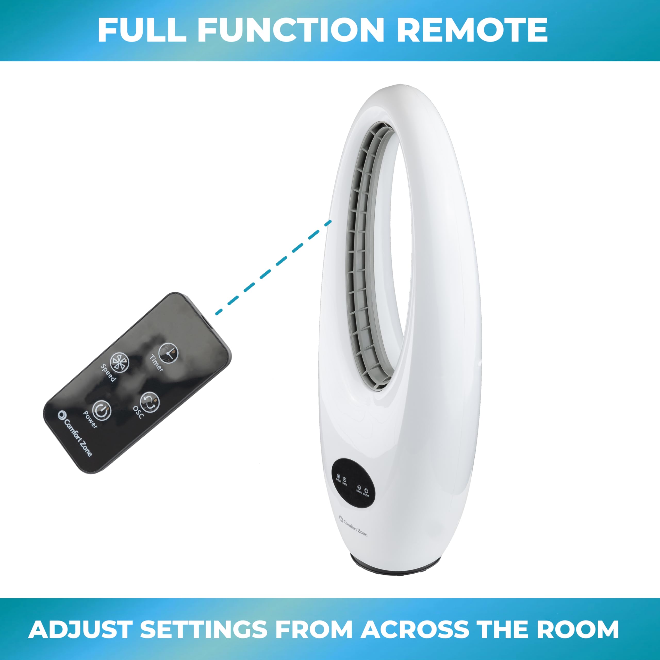 Comfort Zone 28-Inch Oscillating Bladeless Tower Fan With Remote Control, 3 Speeds, 70 Oscillation, Portable Tower Fan With 9-Ho