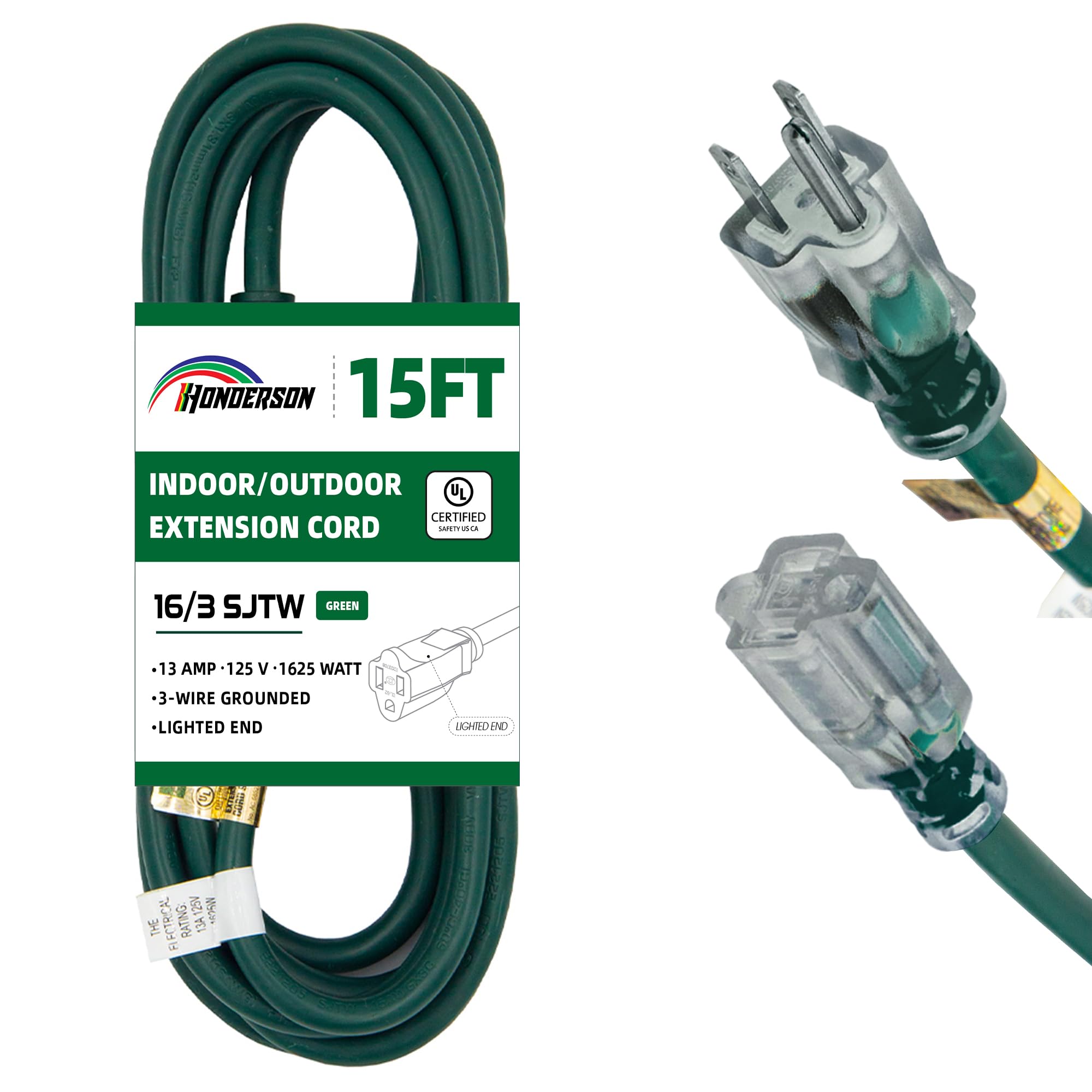 Honderson Indoor Outdoor Extension Cord Weatherproof With Lighted End, Ul Listed, 16 Gauge 15Ft Green 3 Prong Heavy Duty Extensi
