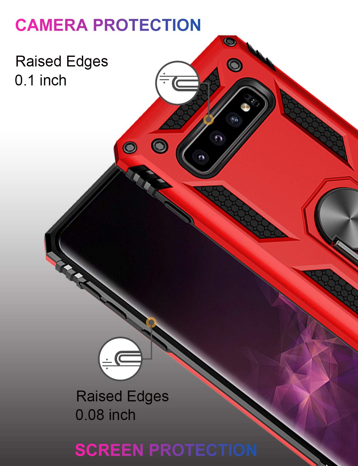 LUMARKE Galaxy S10+ Plus Phone Case Military Grade 16ft Drop Tested Magnetic Ring Kickstand Plastic Red