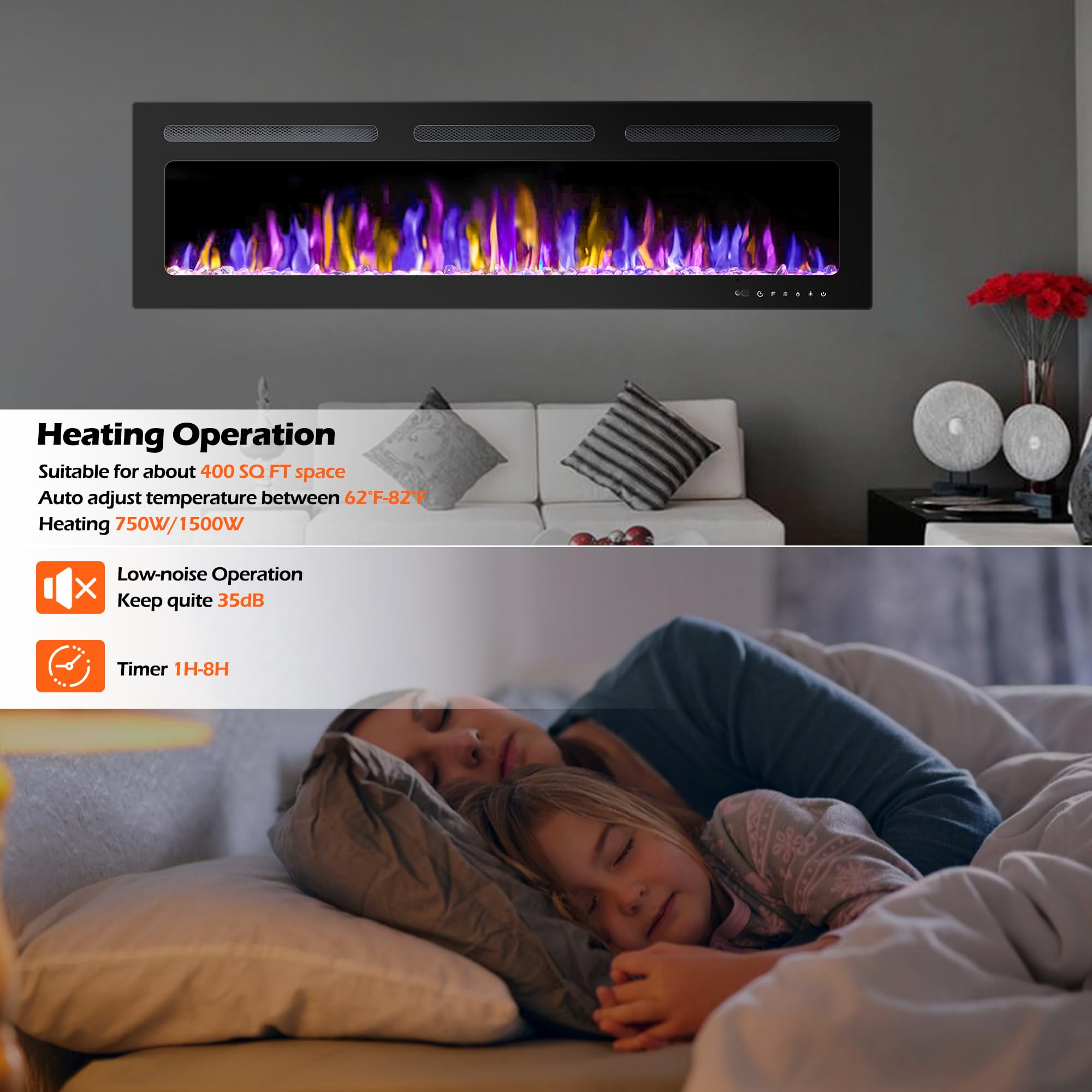 Betelnut 68'' Electric Fireplace Wall Mounted And Recessed With Remote Control, 750/1500W Ultra Thin Wall Fireplace Heater W/Tim