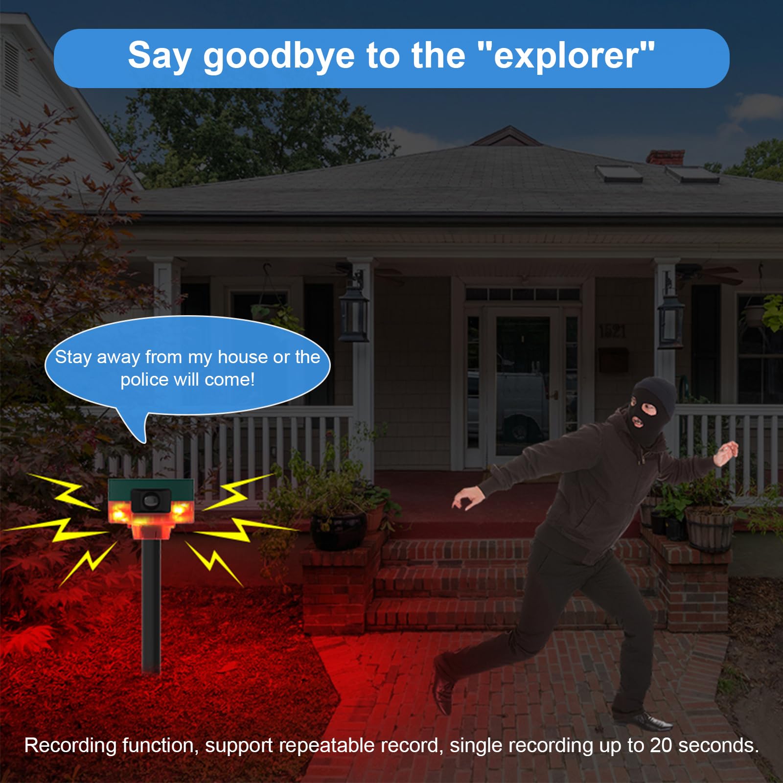 Chunhee Solar Motion Sensor Alarm Outdoor, Dog Barking & Gunshot Sounds & Recording, 360�Motion Detector Alarm,129Db Loud Siren,3 Work Modes Activated Strobe Light With Remote 2Pack