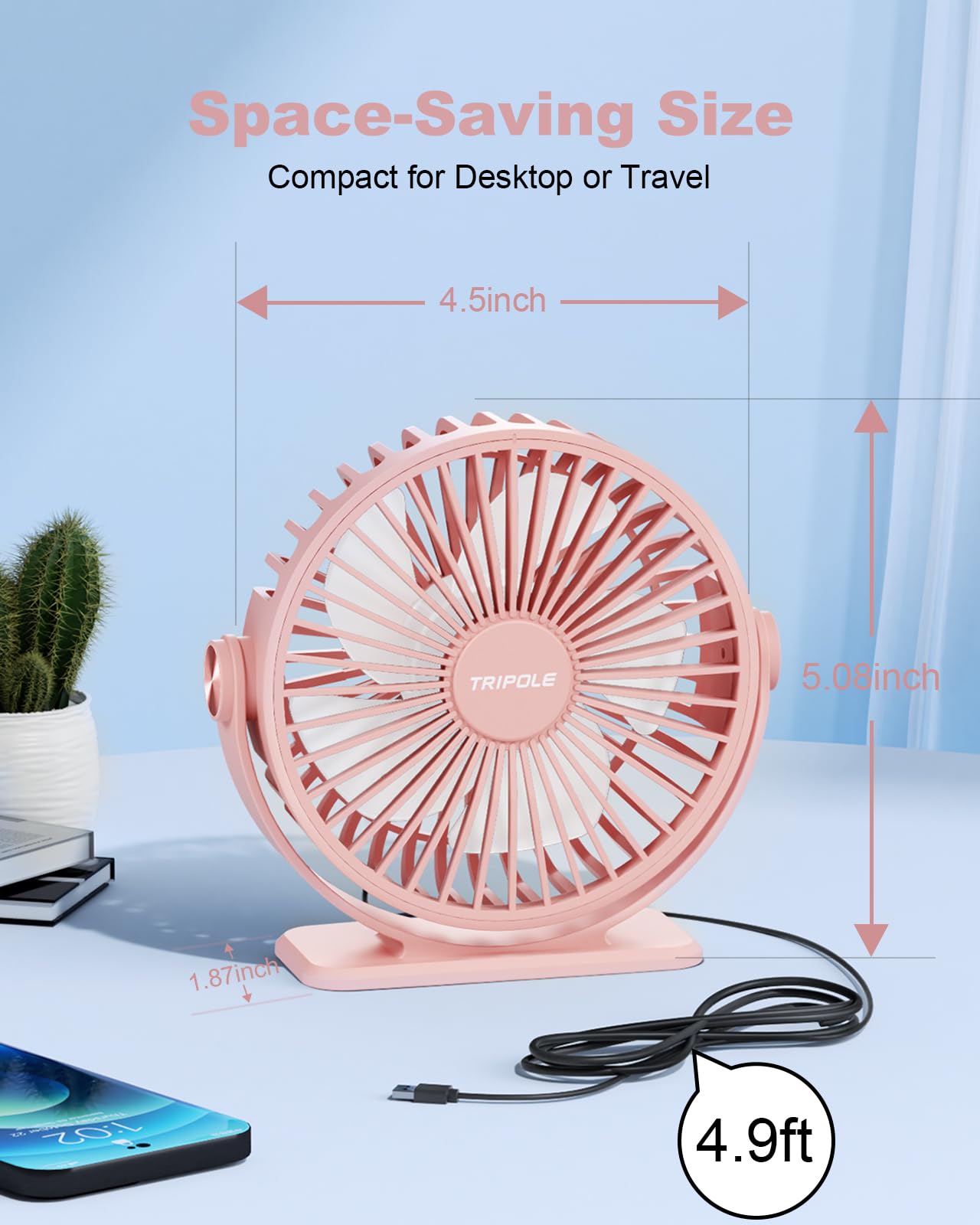 Tripole Usb Desk Fan Mini Portable Personal Fan, 3 Speeds Adjustable Strong Breeze Small Electric Fan, 360 Rotation Quiet Plug I