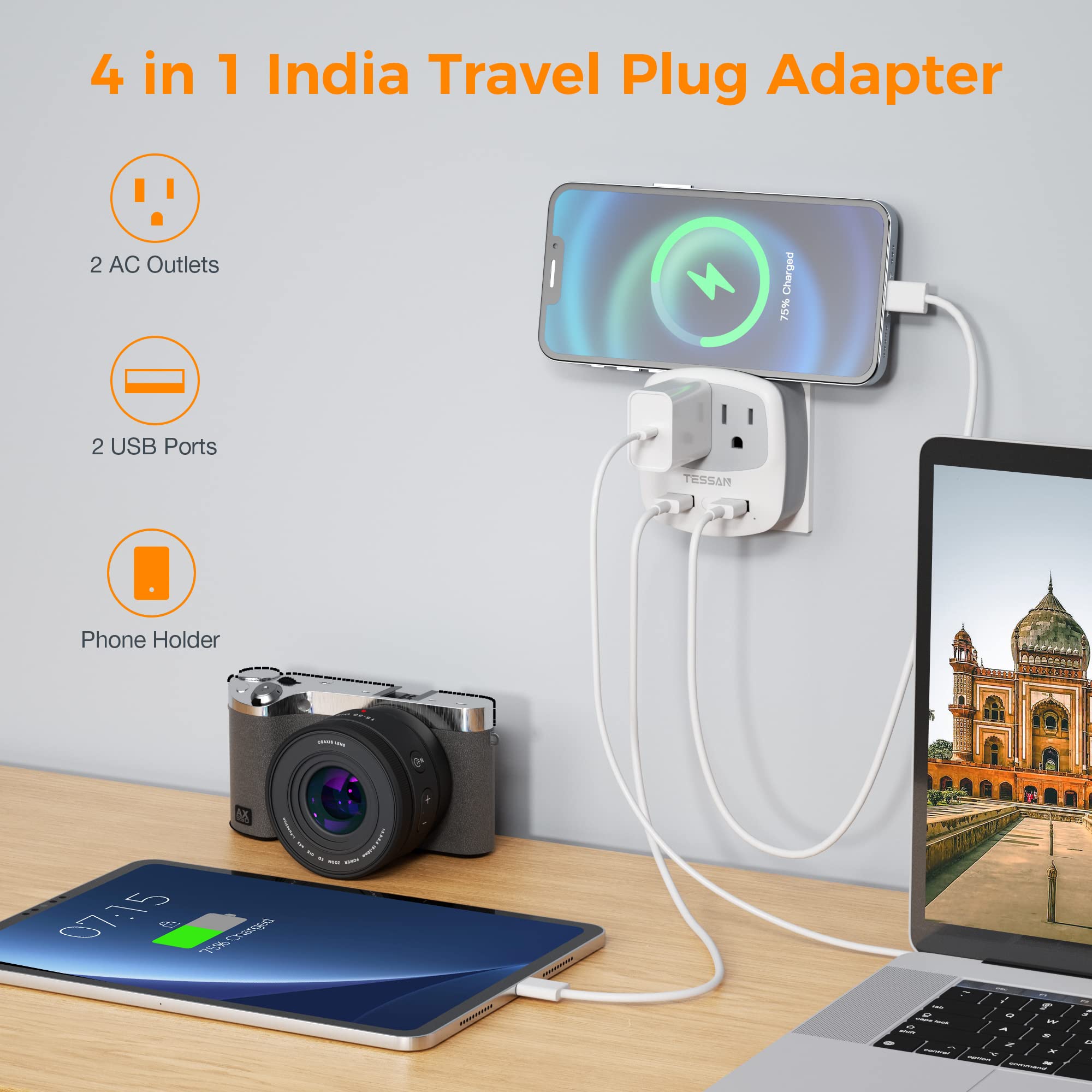 Tessan Us To India Plug Adapter, Type D Travel Adaptor With 2 Usb Charger Ports 2 American Outlets, Usa To Indian Power Converte