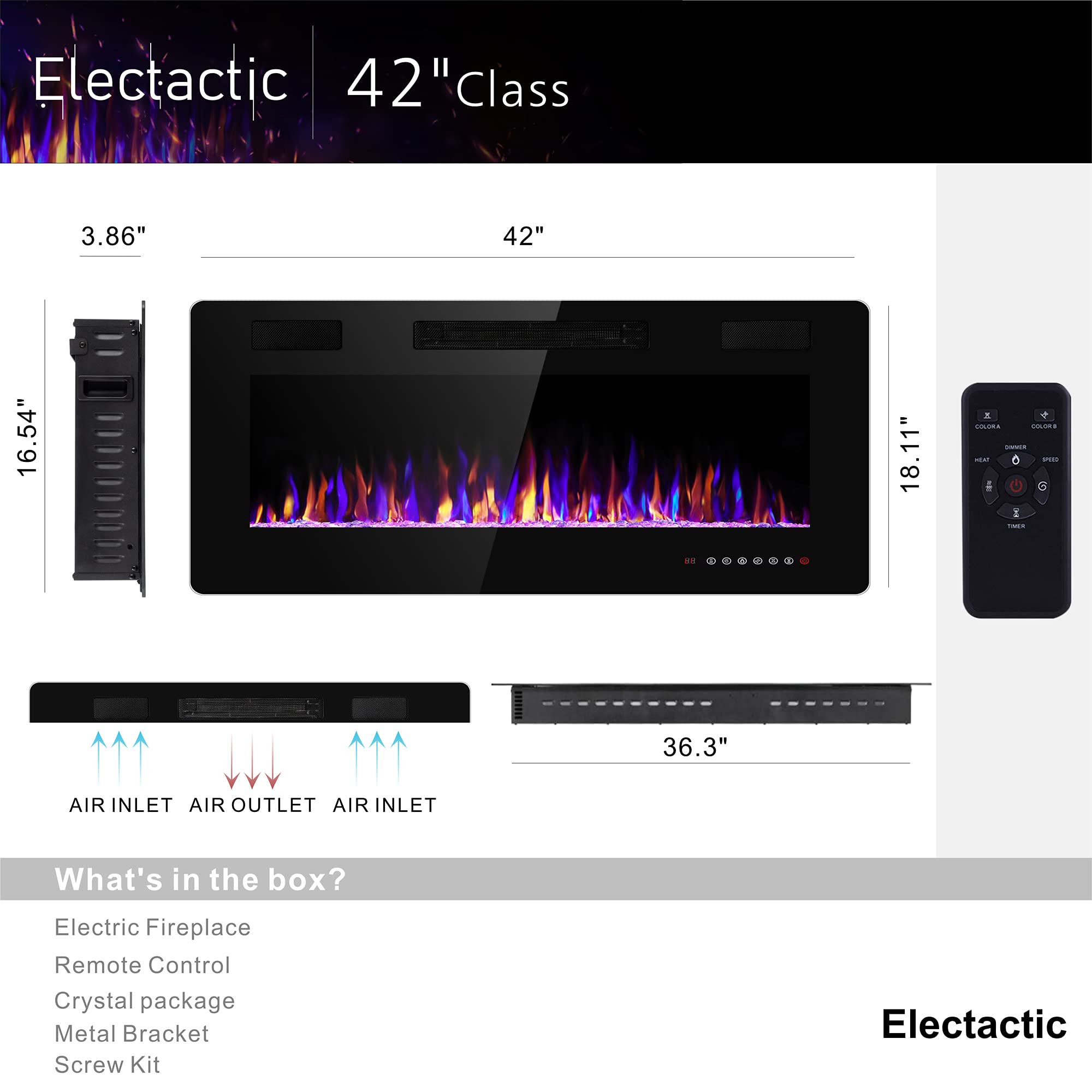 Electactic 42 Inches Electric Fireplace Recessed And Wall Mounted Electric Fireplace, Fireplace Heater And Linear Fireplace, Wit