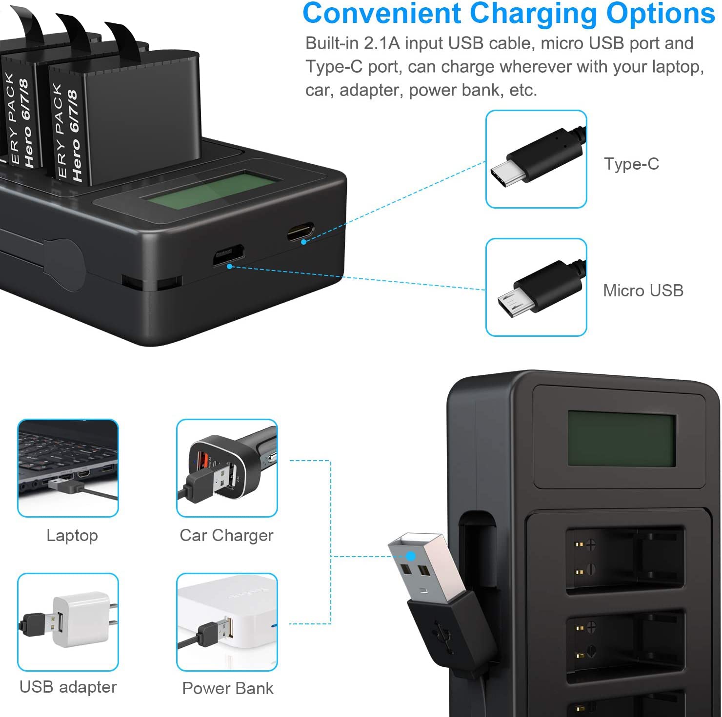Tomsheir Battery 1800Mah(2 Pack) And Usb Fast Charger Replacement Battery For Gopro Hero 8/7/6/5 Black (Fully Compatible With Or