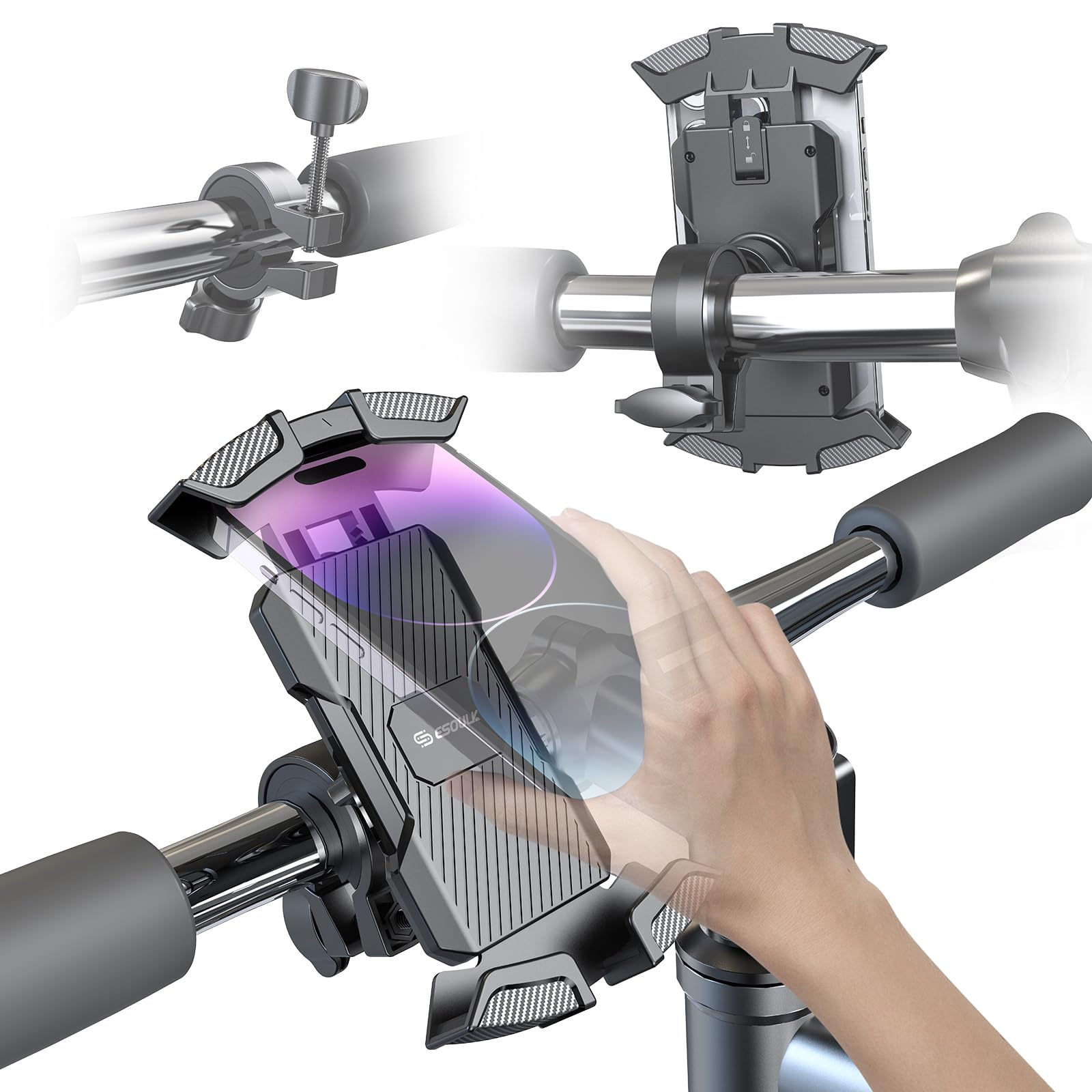 Bike Phone Holder, Motorcycle Phone Mount - Motorcycle Handlebar Cell Phone Clamp, Scooter Phone Clip For Iphone 15 Pro Max/Plus