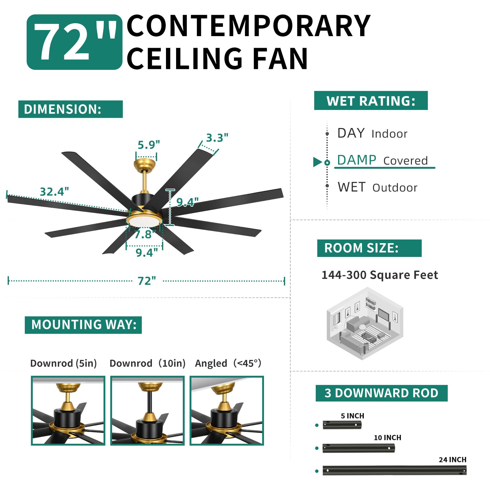 Yitahome 72 Inch Ceiling Fans With Lights And Remote Control For Indoor, Reversible Quiet Dc Motor, 8 Blades With 6 Speed, Moder