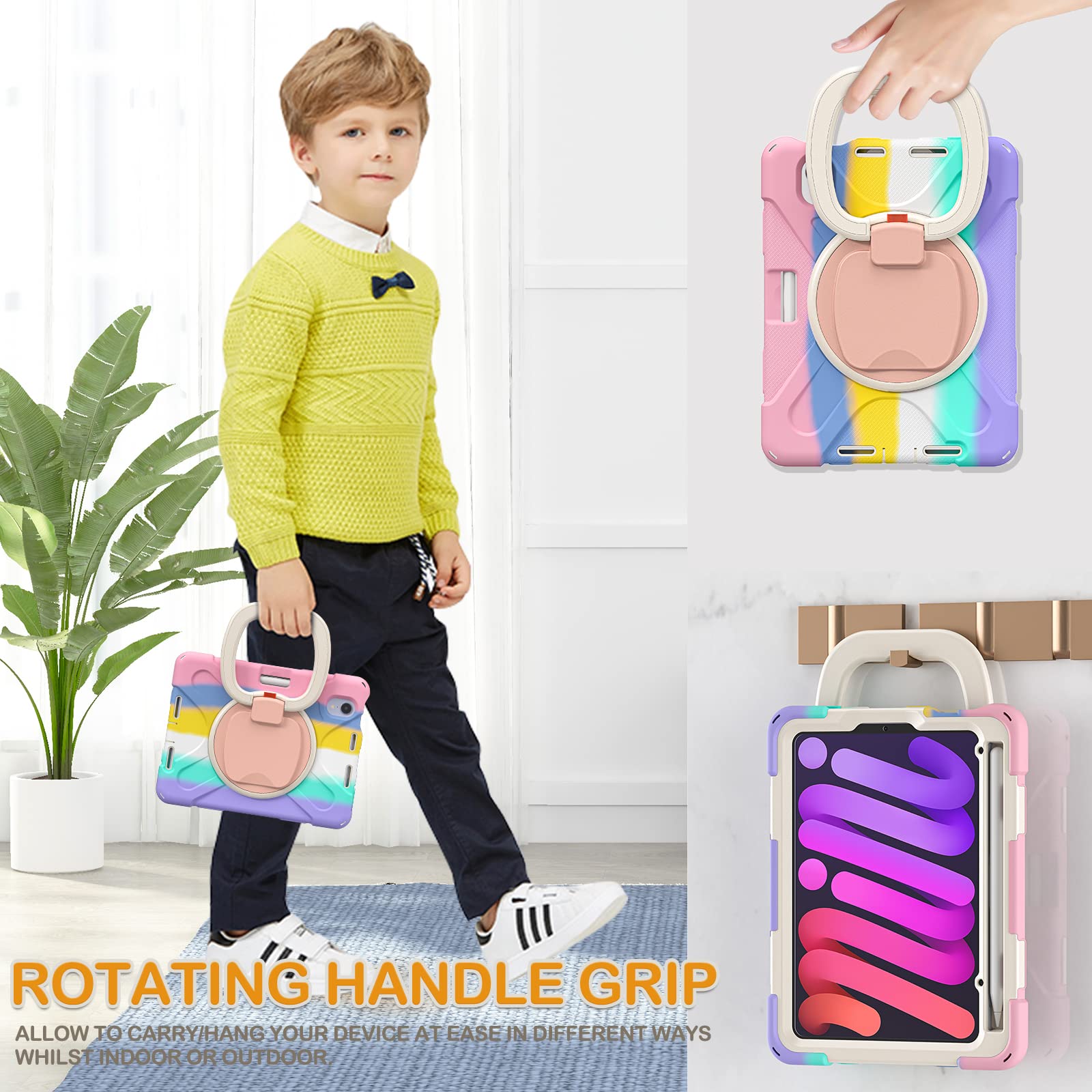 Braecn Kids Case For Ipad Mini 6Th Gen 8.3'' 2021 A2567/A2568/A2569, Rugged Silicone Cover With Screen Protector, 360 Swivel Han