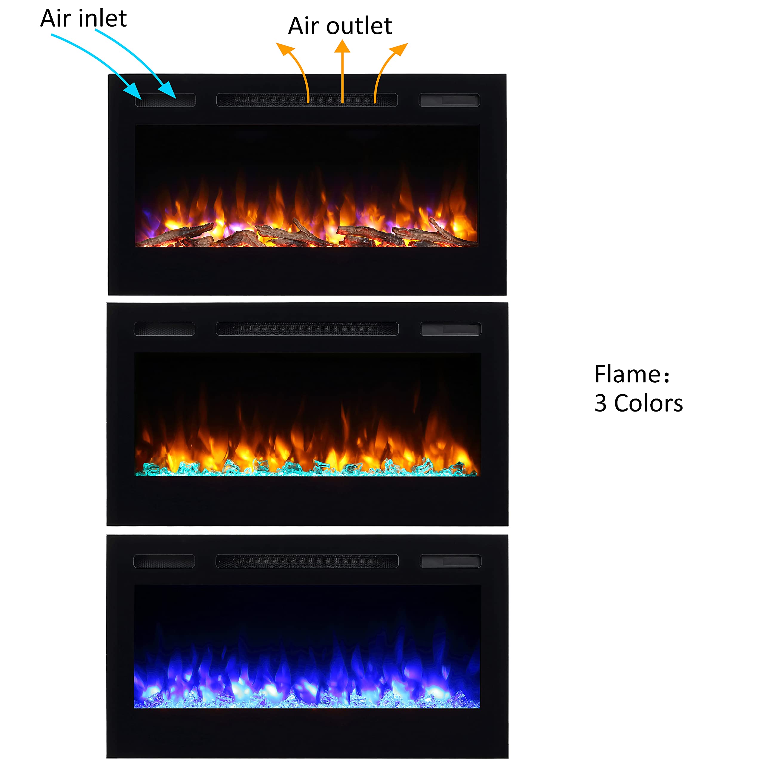 Puraflame Alice 36 Inches Recessed Electric Fireplace, Flush Mounted For 2 X 6 Stud, Log Set & Crystal, 1500W Heater, Black