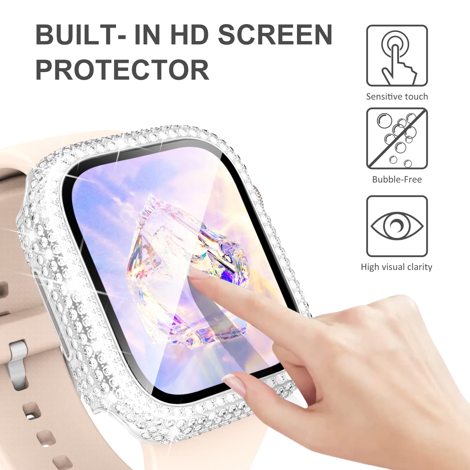 Kades Compatible With Iwatch Accessories With Built In Tempered Glass Screen Protector Bling Crystal Diamond Rhinestone Full Pro