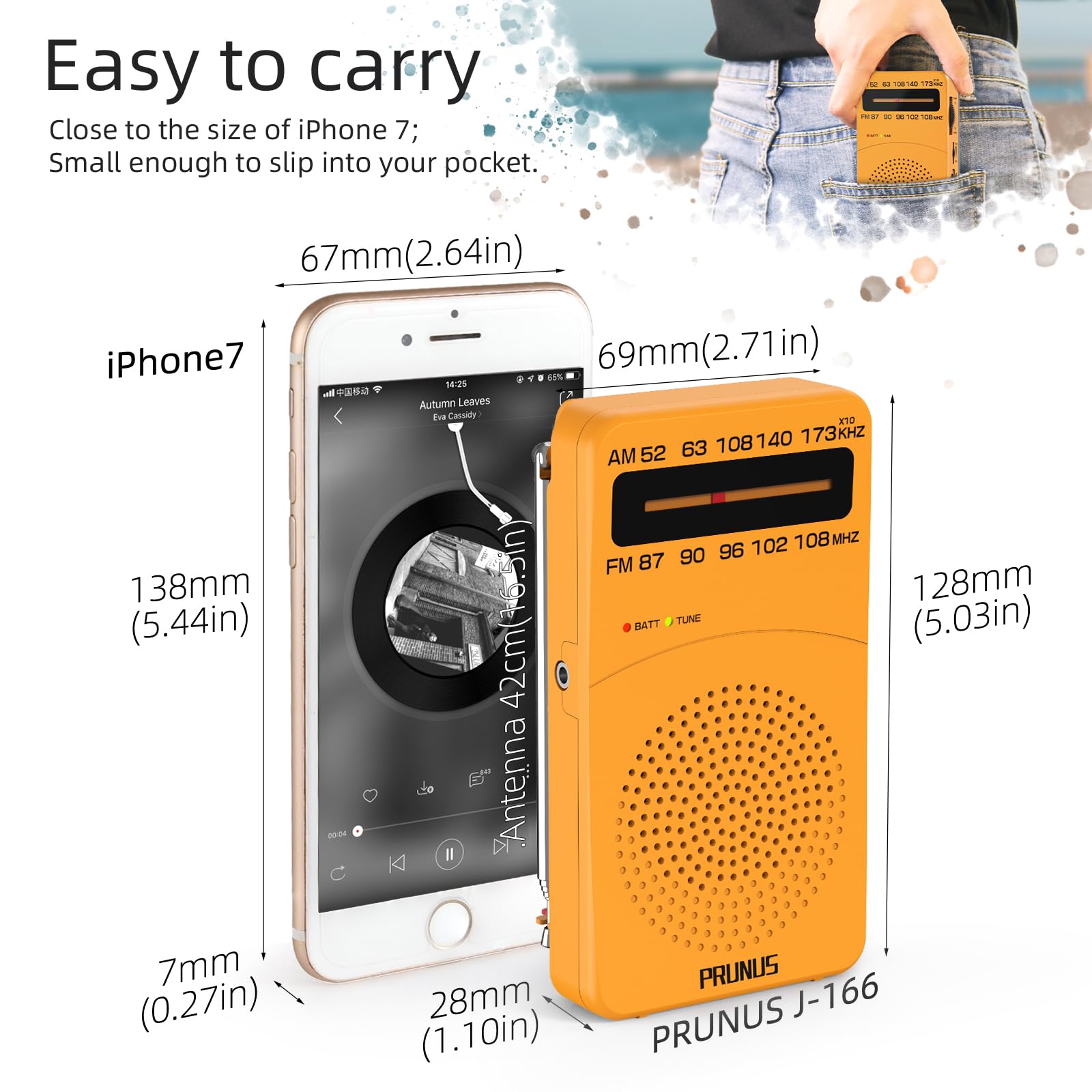 Prunus J 166 Portable Radio Am Fm, Battery Operated Radio With Tuning Light, Back Clip, Excellent Reception, Am Fm Radio Portabl