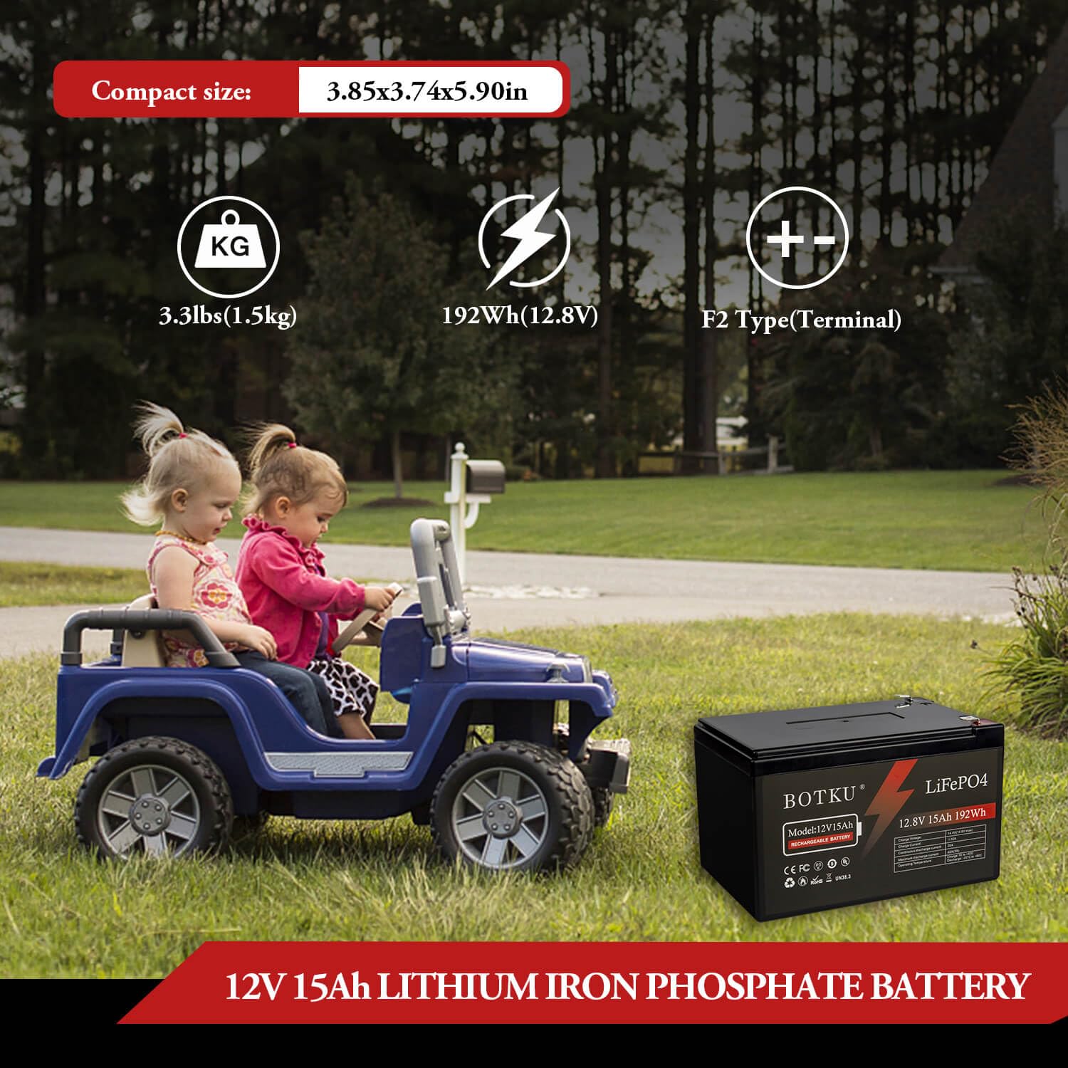 Botku 12V 15Ah Lithium Lifepo4 Deep Cycle Battery, 3000+ Cycle Rechargeable Lithium Iron Phosphate Battery For Solar, Fish Finde