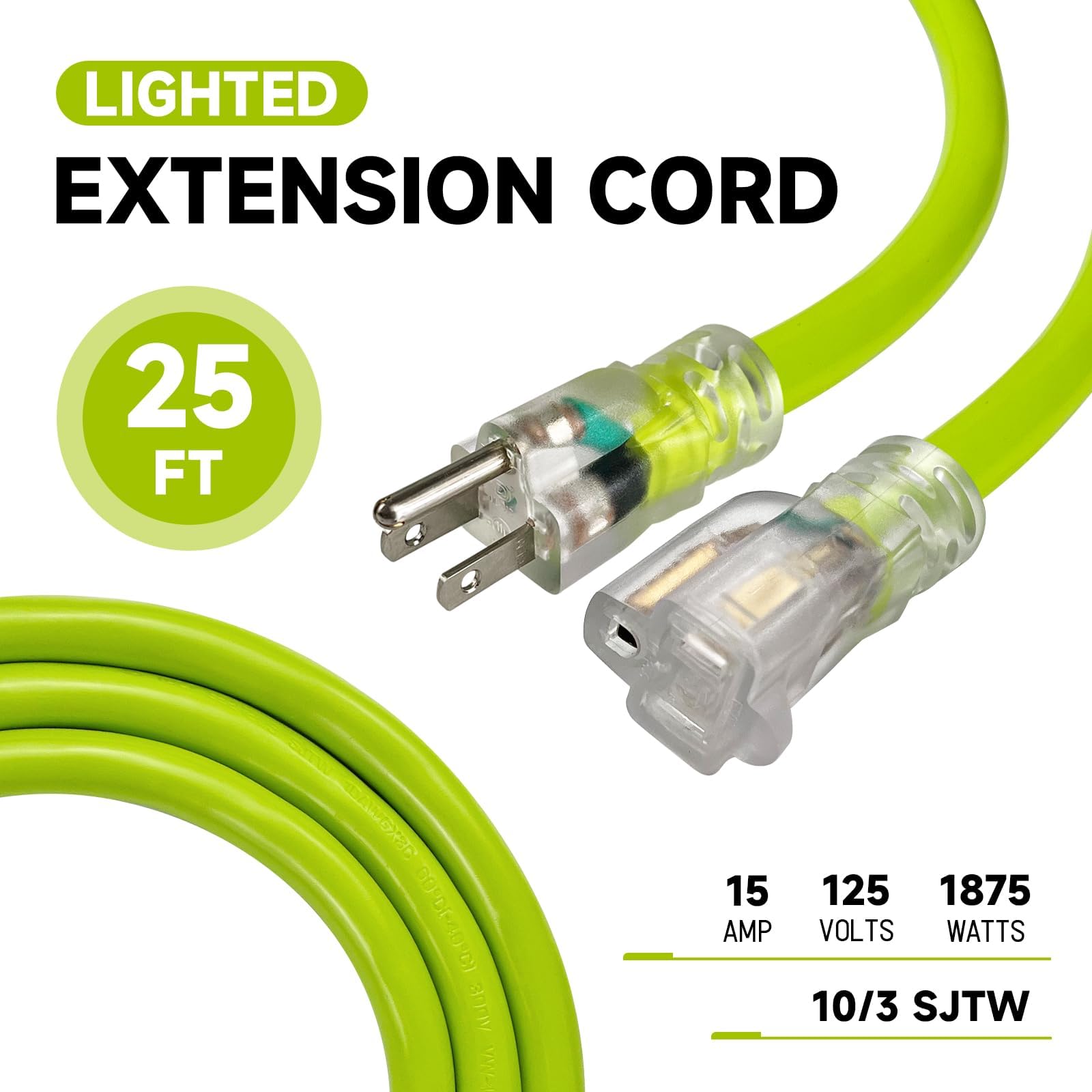 Ep 25 Ft Lighted Outdoor Extension Cord   10/3 Sjtw Heavy Duty Green Extension Cable With 3 Prong Grounded Plug For Safety, Ul L