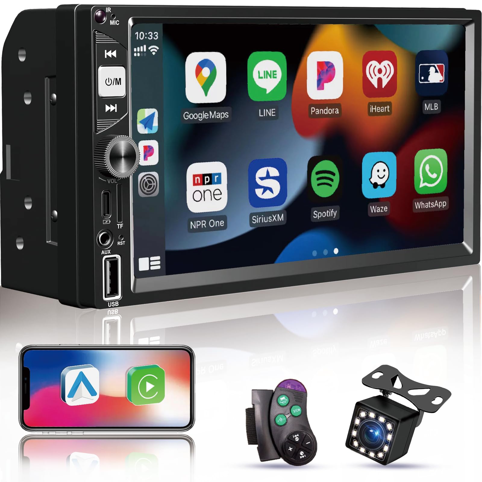 7   Wireless Works with Apple Carplay Double Din Car Stereo,FM Car Radio,Car Bluetooth,IPS 1024 * 600 Touchscreen, Car Backup 