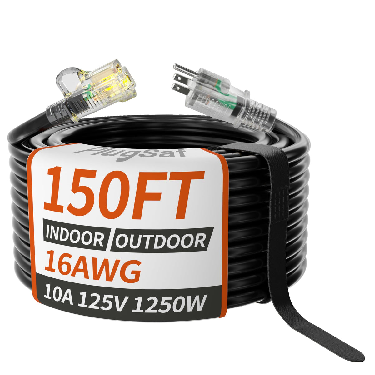 Plugsaf 16/3 Gauge Black Outdoor Extension Cord 150 Ft Waterproof With Lighted Indicator, Cold Weatherproof  40C, Flexible 3 Pro